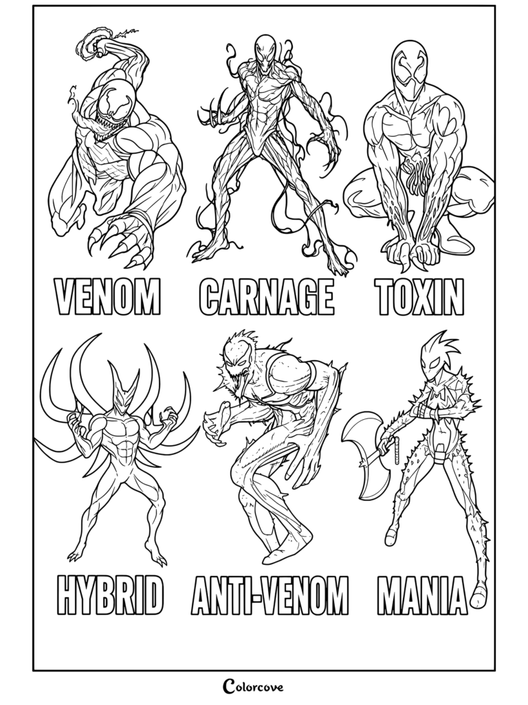 Venom And Symbiote coloring page featuring Venom, Carnage, Toxin, Hybrid, Anti-Venom, and Mania.