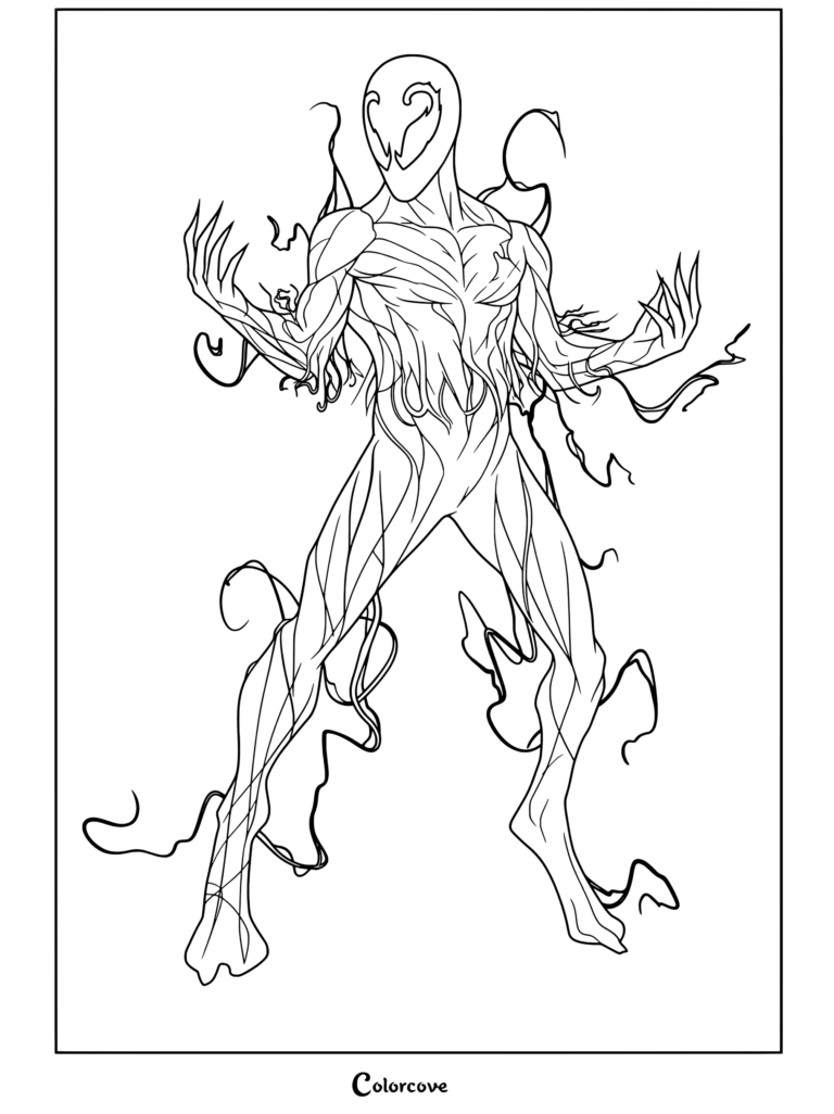 Free printable coloring page of Toxin from Venom And Symbiote in an action pose with tendrils.