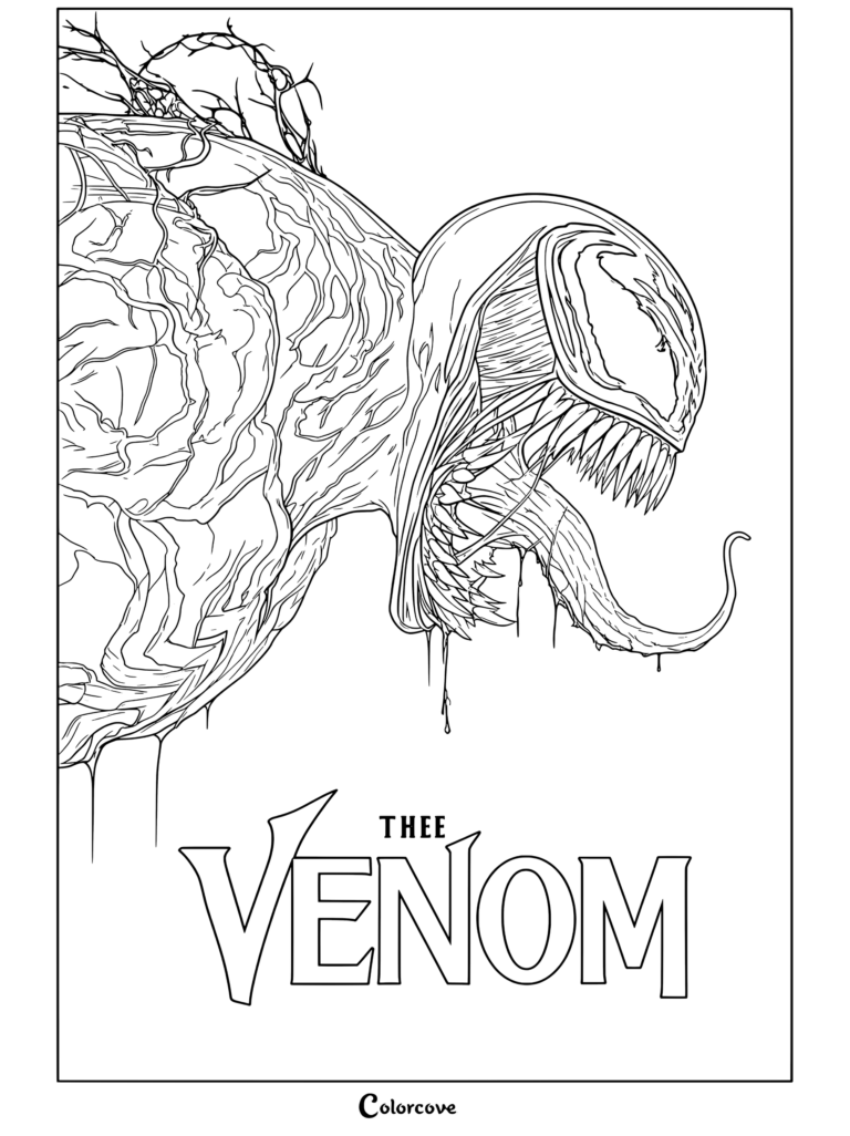 Venom And Symbiote coloring page showing Venom with a massive toothy grin, long dripping tongue, and organic tendrils.