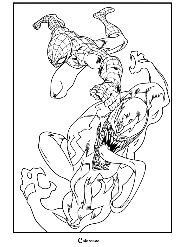 Printable coloring page of Venom And Symbiote featuring Spider-Man battling Venom in an action-packed scene.