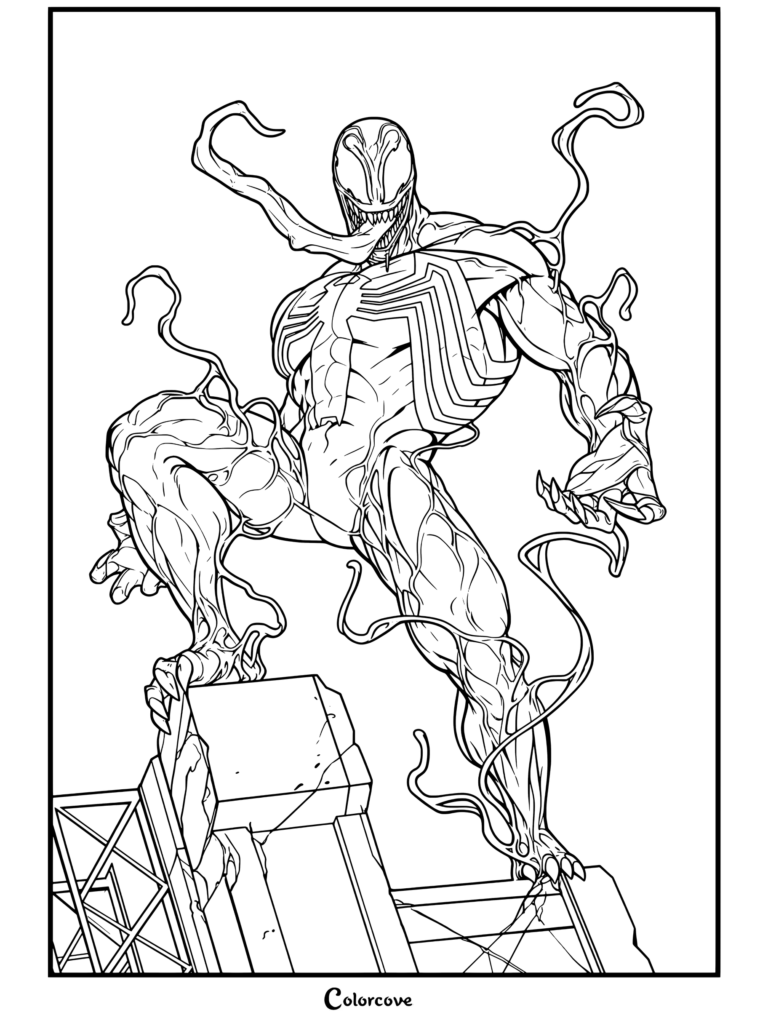 Venom crouching on building rooftop with long red tongue done coloring page featuring Venom And Symbiote.
