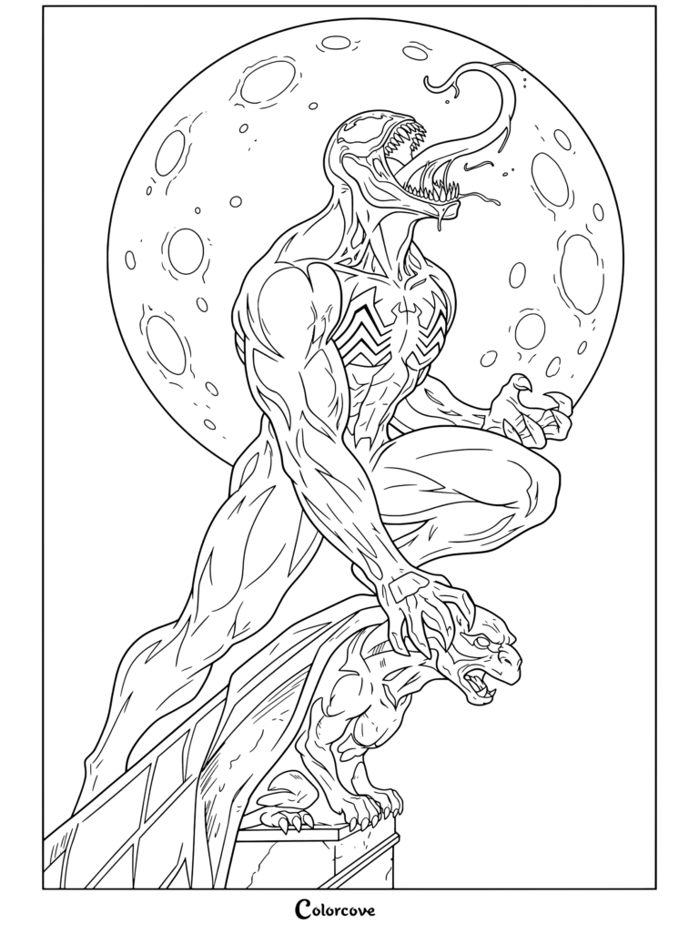 Venom And Symbiote coloring page featuring Venom crouching on a gargoyle against a full moon with an extended tongue and roaring expression.