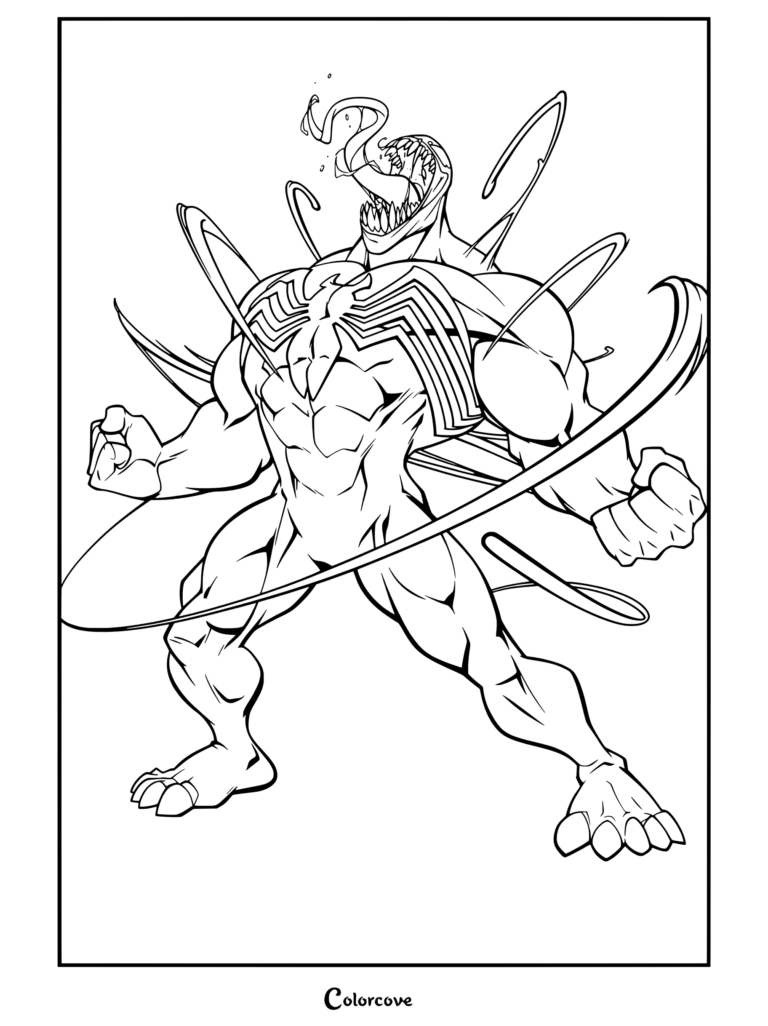 Venom And Symbiote coloring page showing Venom in a powerful stance.