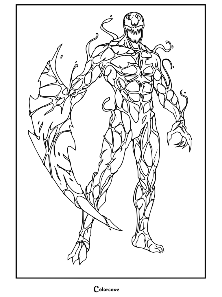 Carnage symbiote standing with scythe blade arm and creepy grin done coloring page, representing Venom And Symbiote