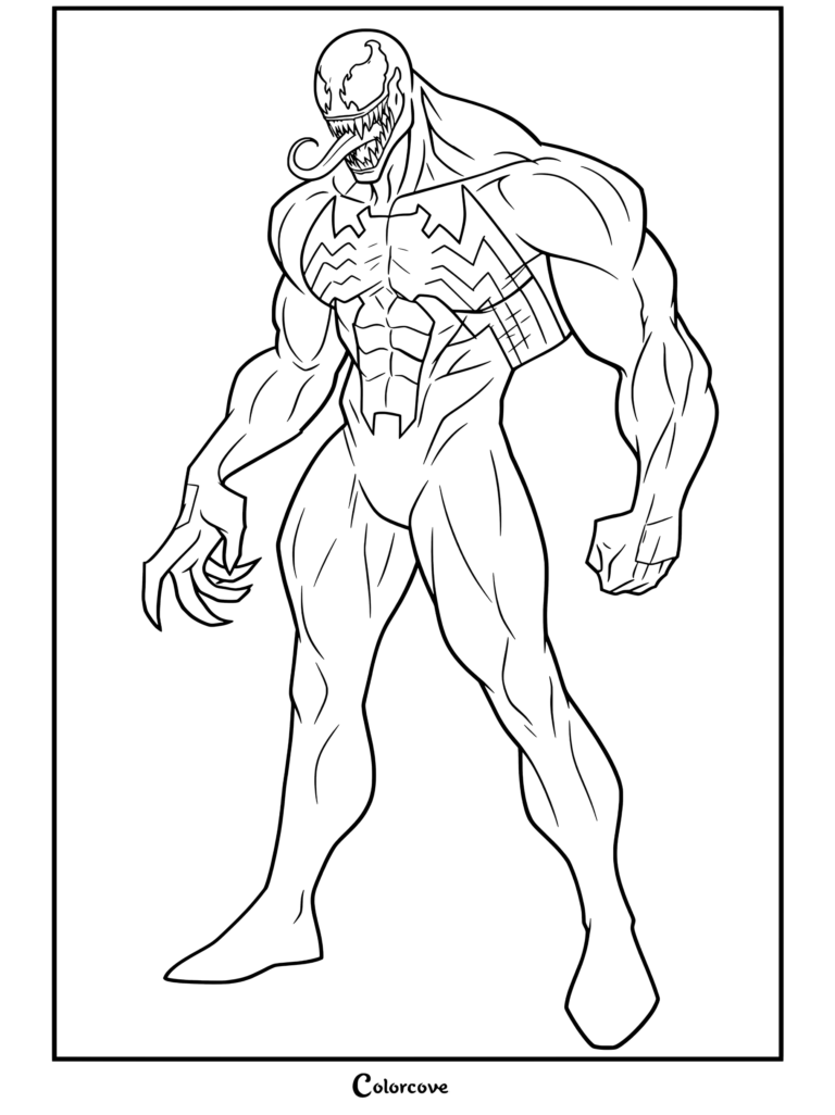 Venom full body illustration with muscular physique, white spider symbol, sharp teeth, and long tongue in this printable Venom And Symbiote coloring page.