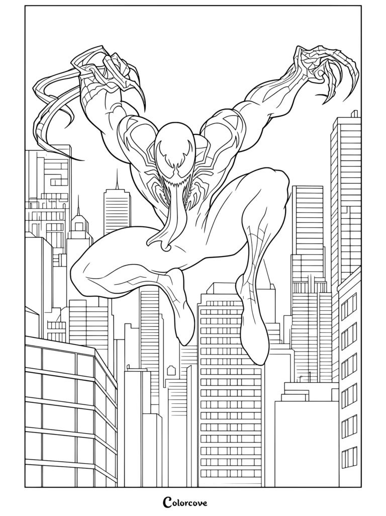 A printable coloring page of Venom And Symbiote leaping over a city skyline with buildings and skyscrapers.
