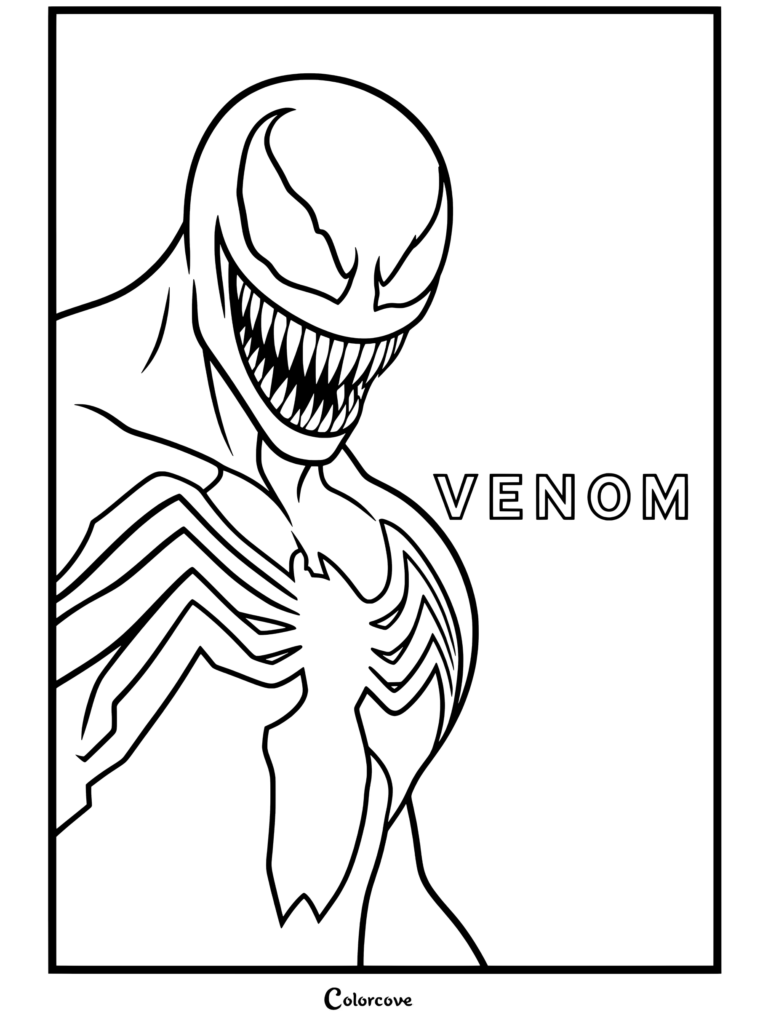 A detailed Venom And Symbiote coloring page showing Venom smiling menacingly with his spider emblem.