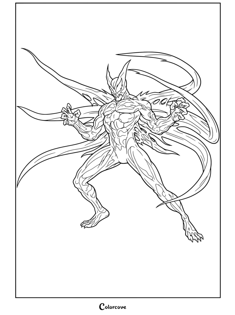 A printable coloring page of Hybrid, a powerful Venom And Symbiote character from the comics, striking a dynamic, aggressive pose.