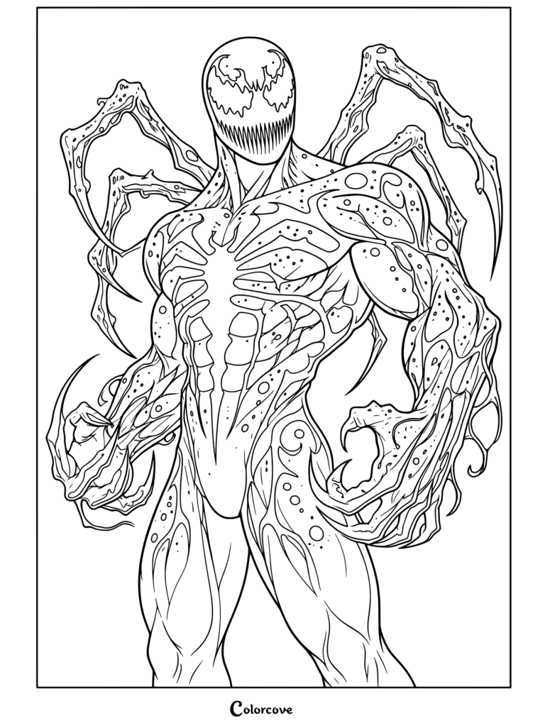 A detailed coloring page of the Phage symbiote featuring Venom And Symbiote traits with tendrils and claws.