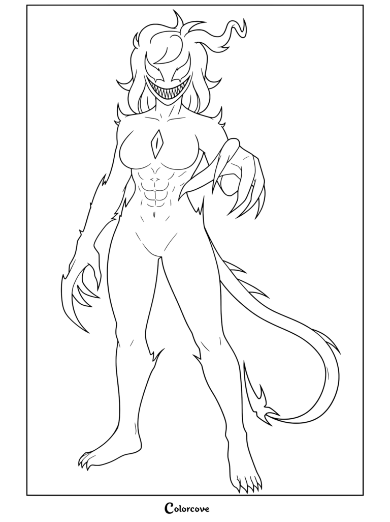 Pink symbiote female character with sharp teeth claws and tail in heroic stance done coloring page for Venom And Symbiote fans.
