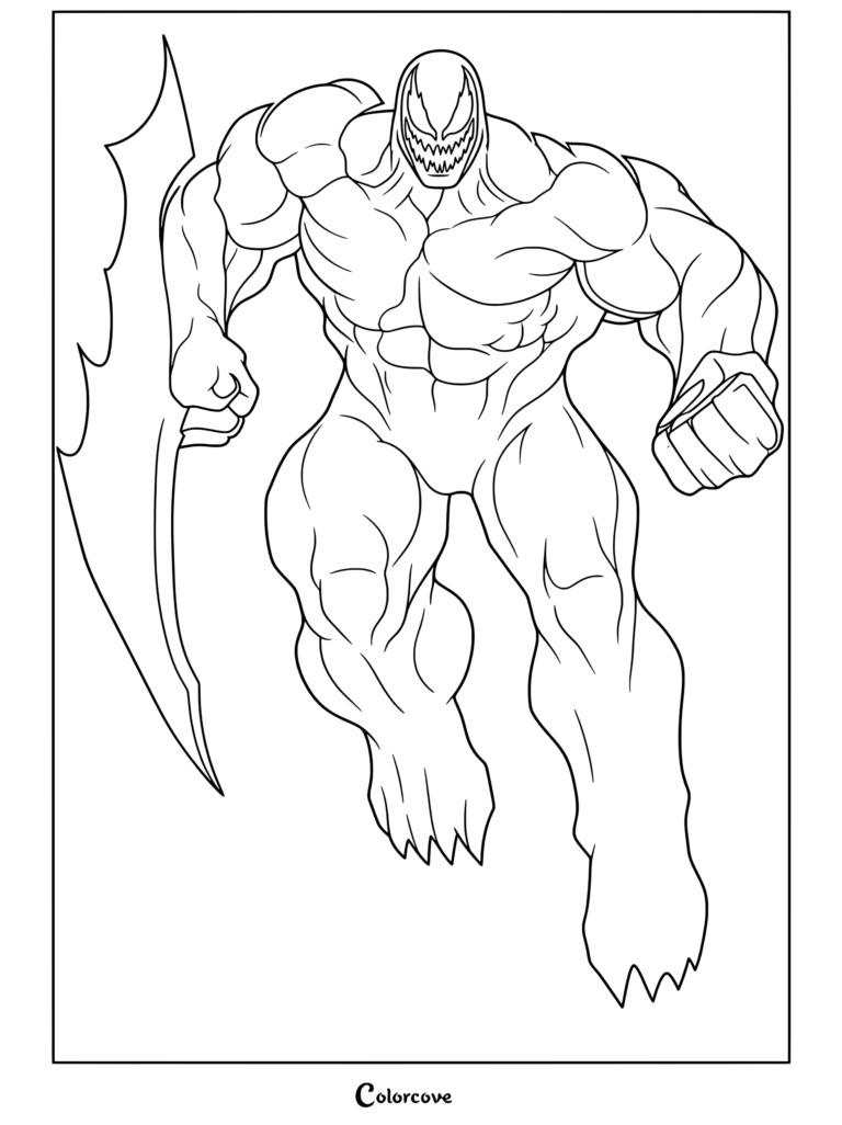 Venom And Symbiote coloring page featuring Riot holding a large blade in a dynamic action pose.