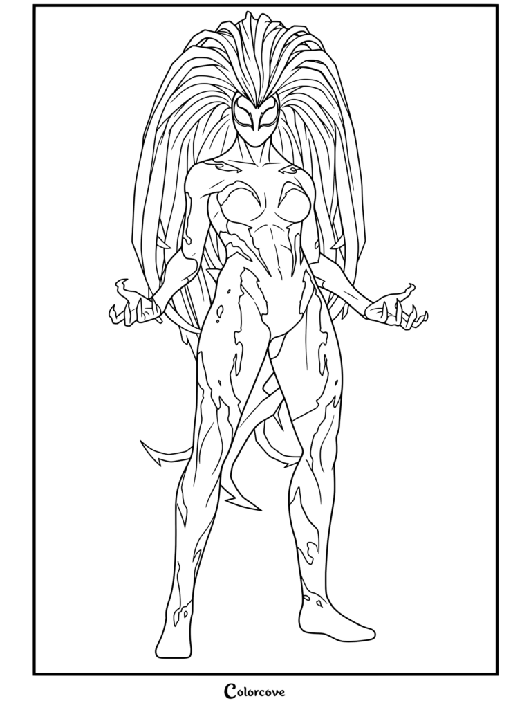 Printable coloring page of the Scream symbiote female antihero with white and red design and long flowing hair done as part of Venom And Symbiote collection.