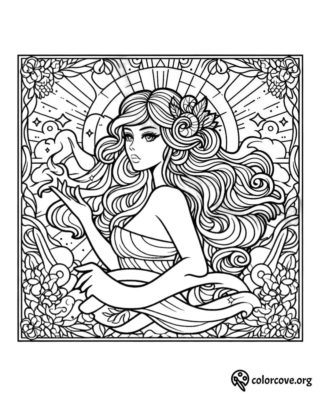 a coloring page of a woman with long hair