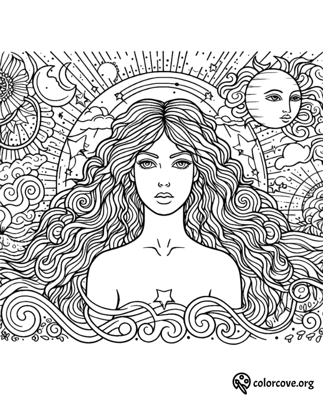 a woman with long hair and sun and moon