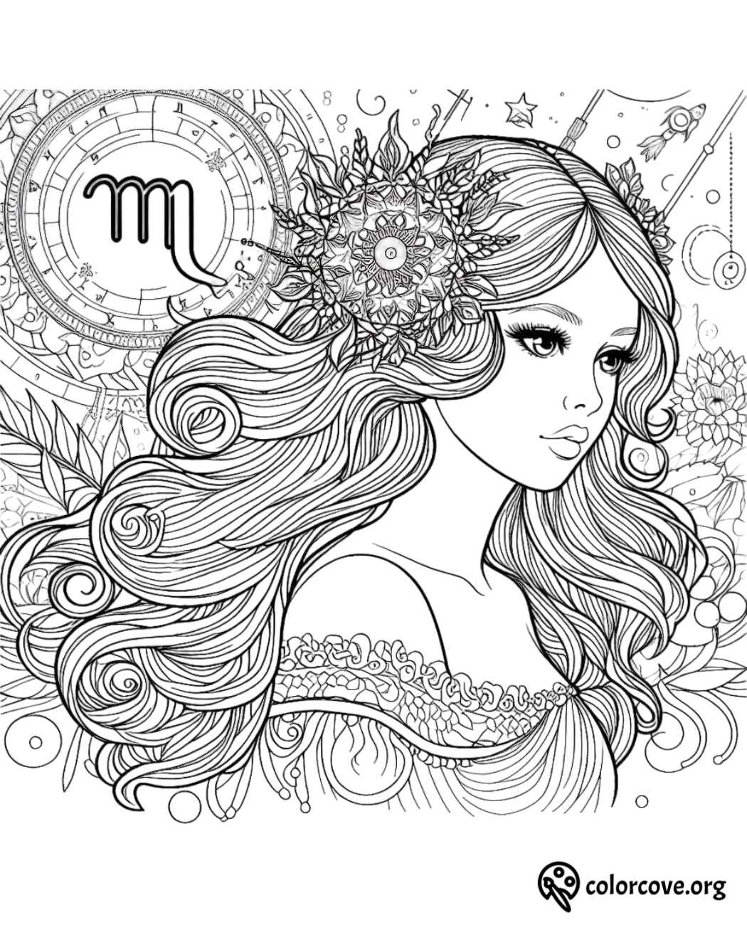 a coloring page of a woman with long hair