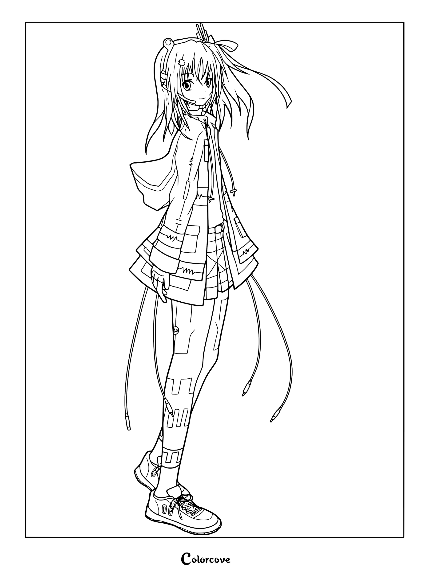 Adachi Rei from Vocaloid standing in a stylish jacket and skirt, detailed line art coloring page.