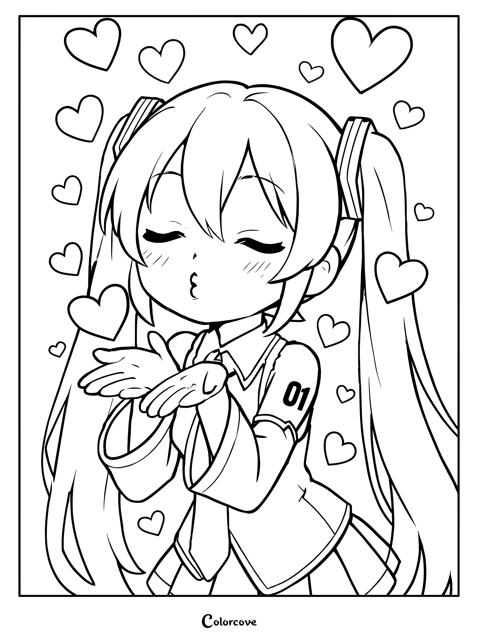 Hatsune Miku blowing a kiss surrounded by floating hearts in this cute Vocaloid coloring page.