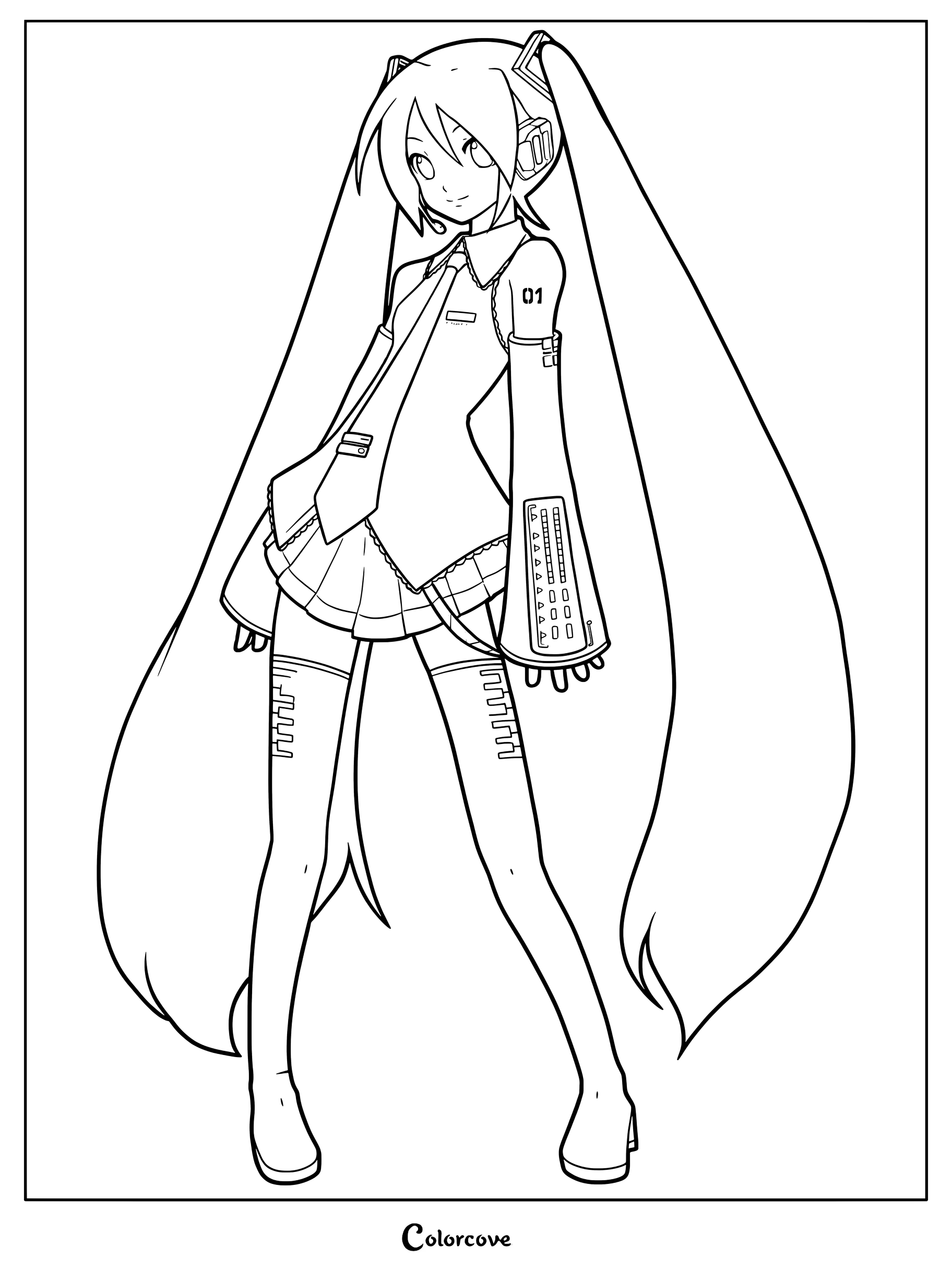 Hatsune Miku from VOCALOID2 standing with long twin tails and signature digital outfit in a printable coloring page format.