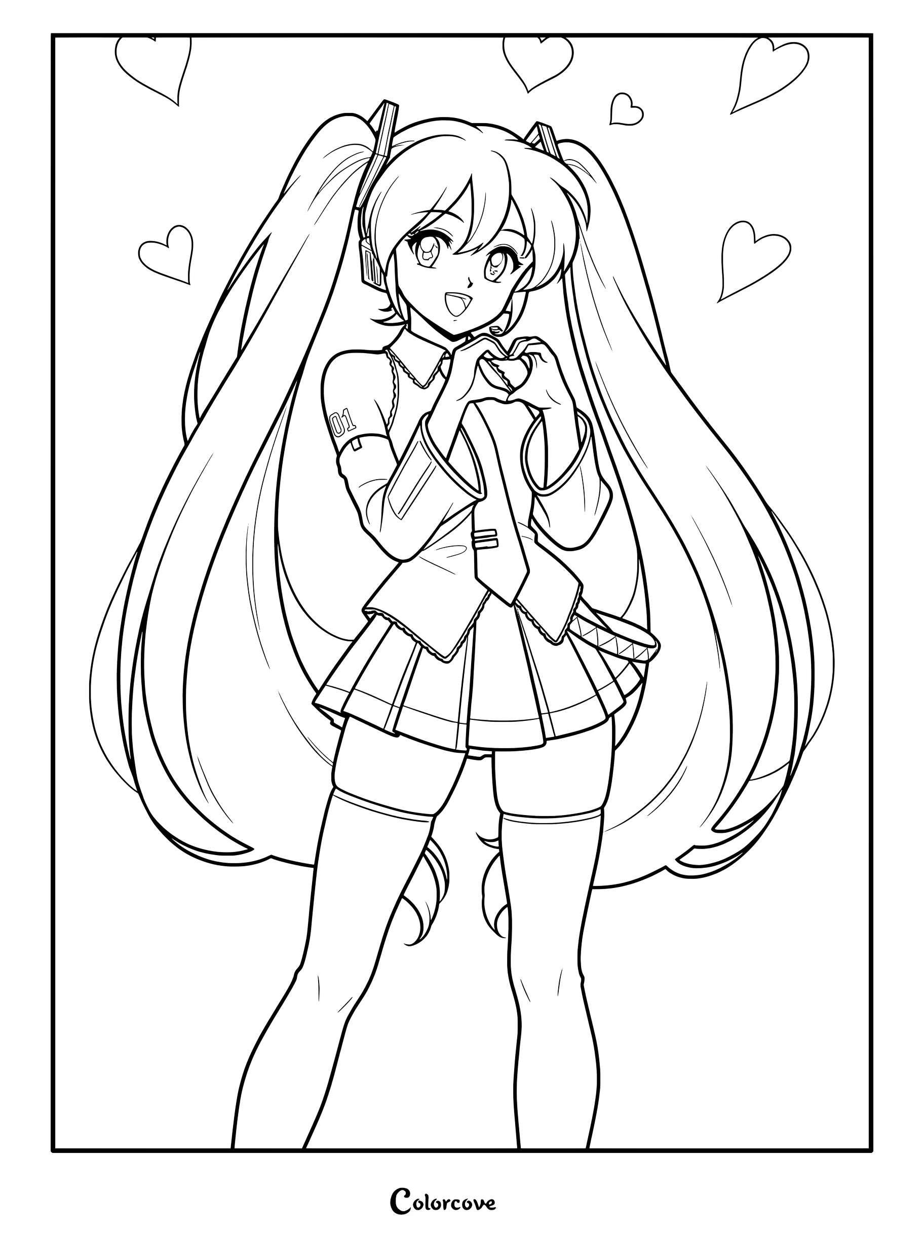 Hatsune Miku with long twin tails making a heart shape with her hands, surrounded by floating hearts in this printable coloring page.