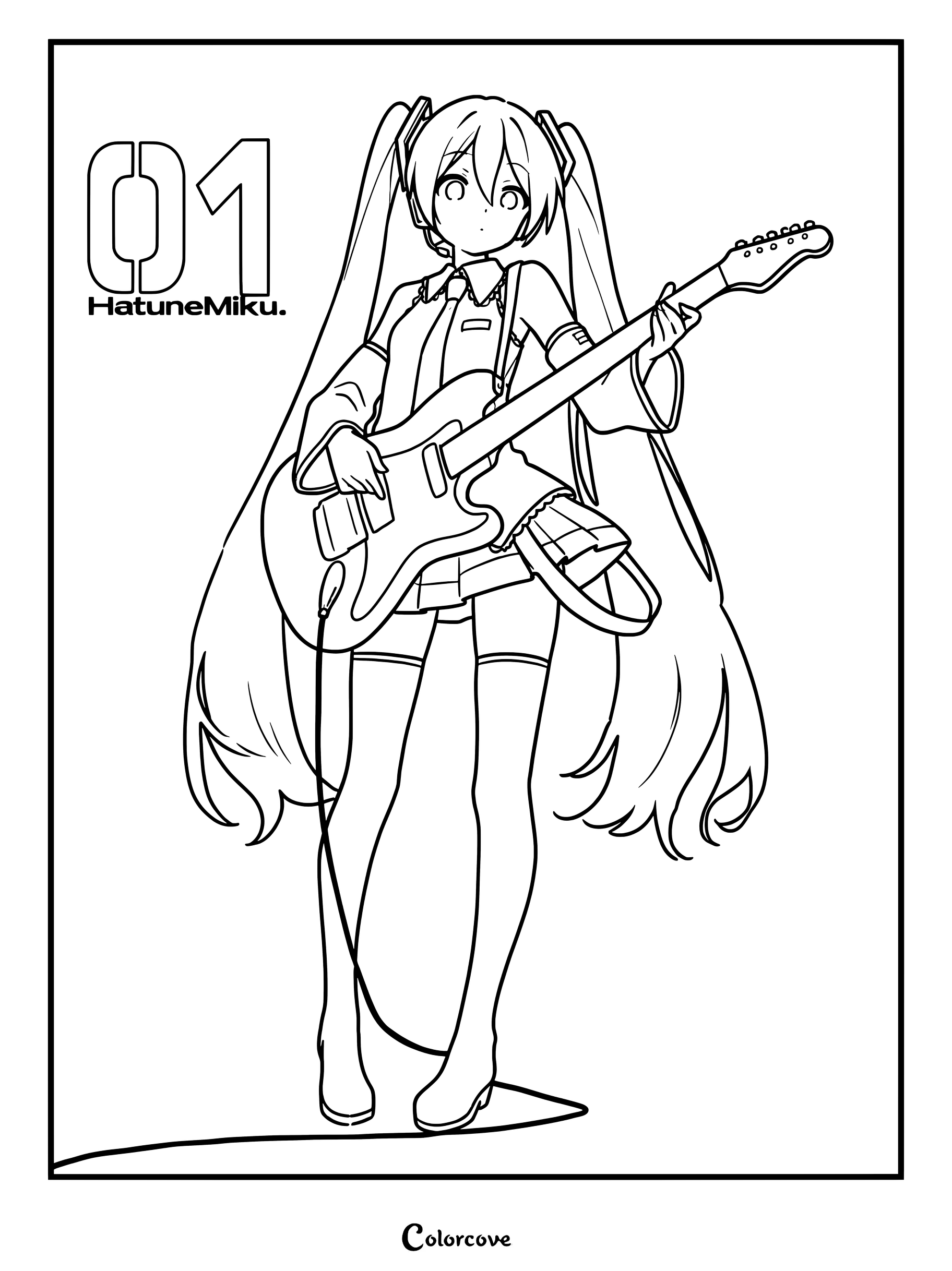 Hatsune Miku with her signature twin tails holding a red electric guitar in this detailed Vocaloid coloring page.