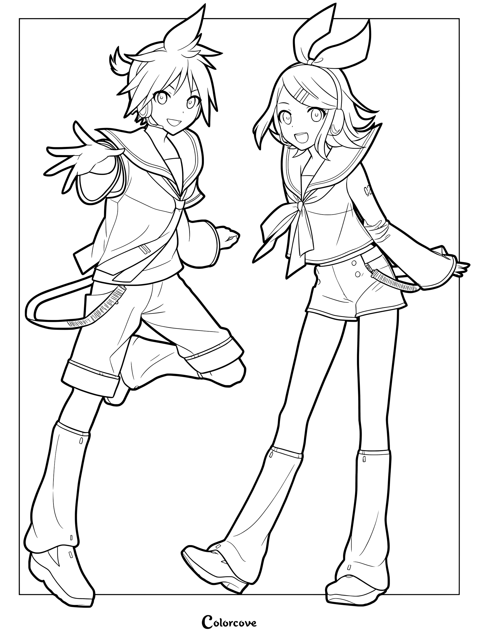Line art coloring page featuring Vocaloid characters Kagamine Rin and Len posing together in their signature outfits.