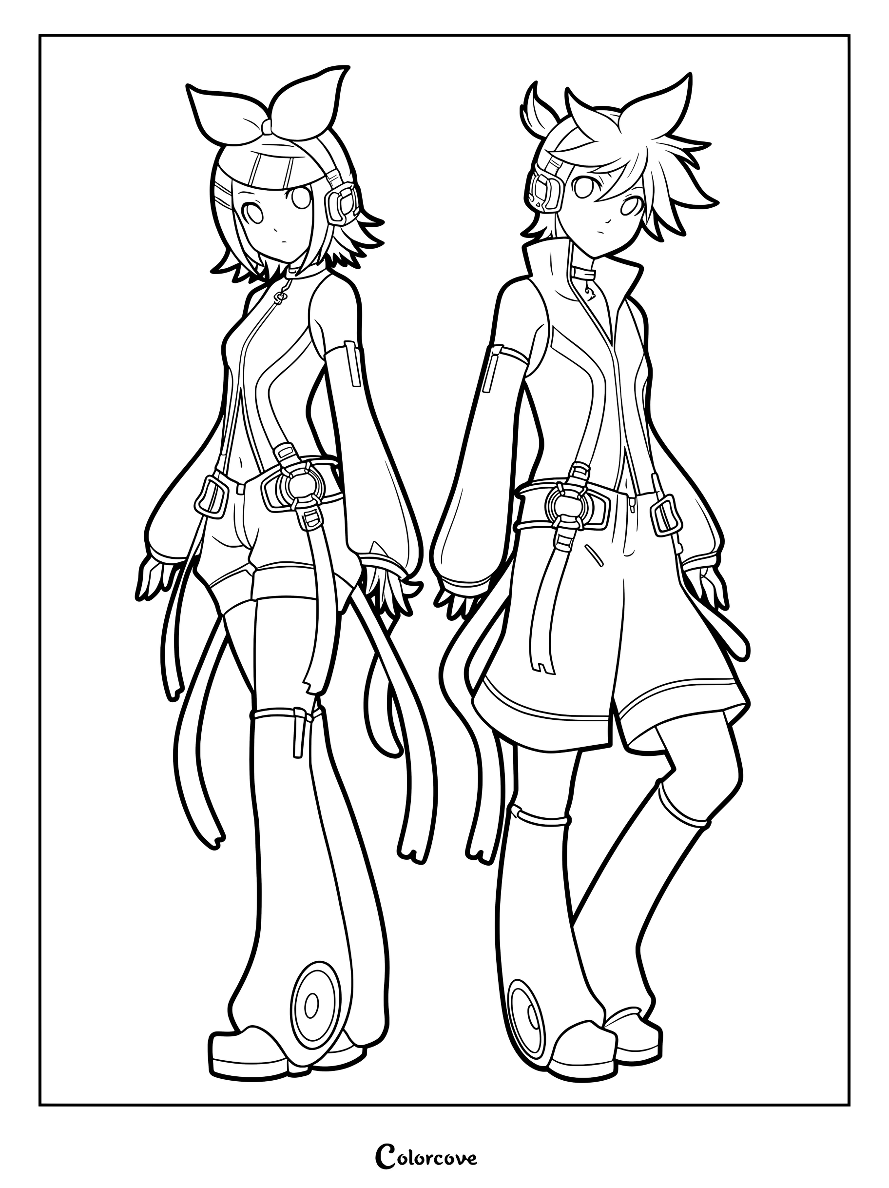 Kagamine Rin and Len standing side by side in their signature Vocaloid outfits, detailed line art coloring page.
