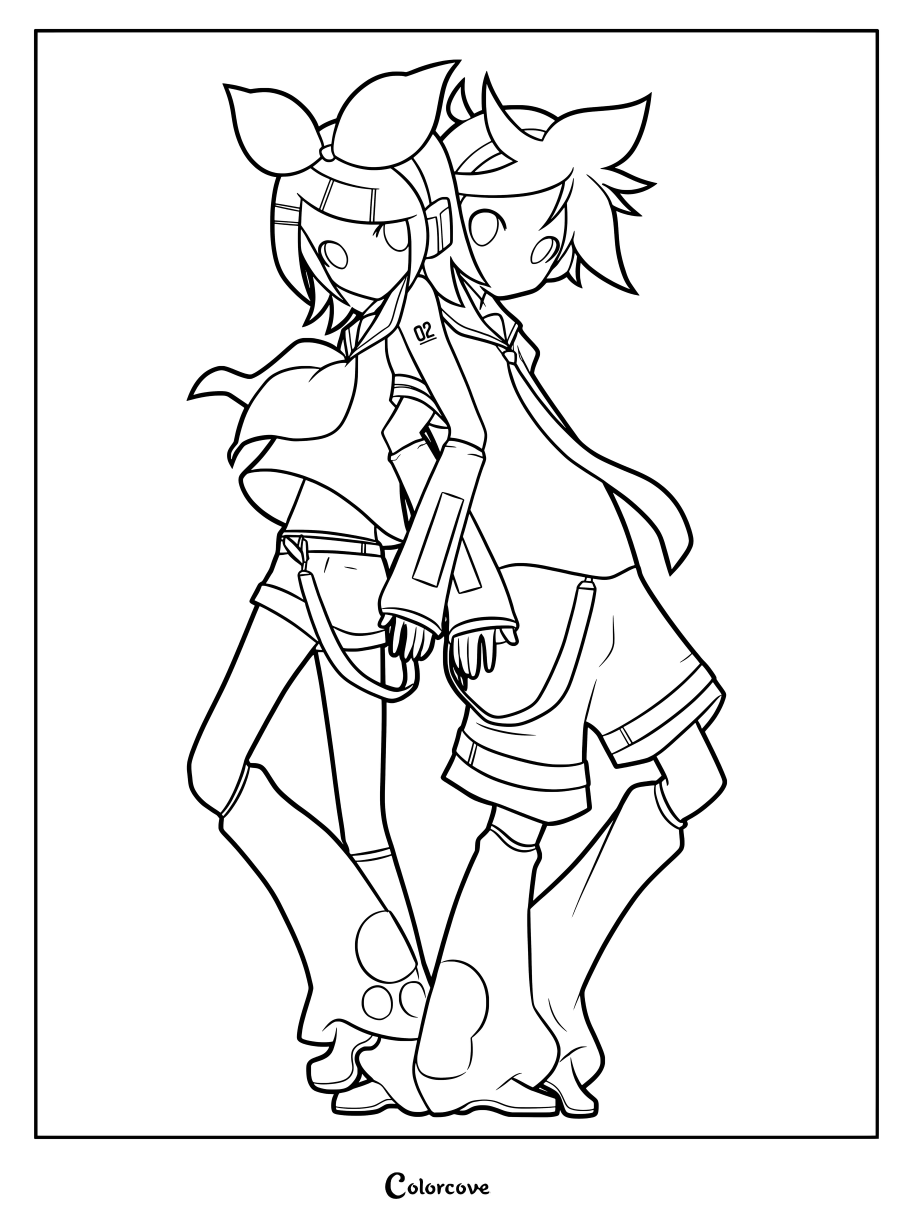 Kagamine Rin and Len standing back-to-back in a Vocaloid coloring page with their signature outfits and headsets.