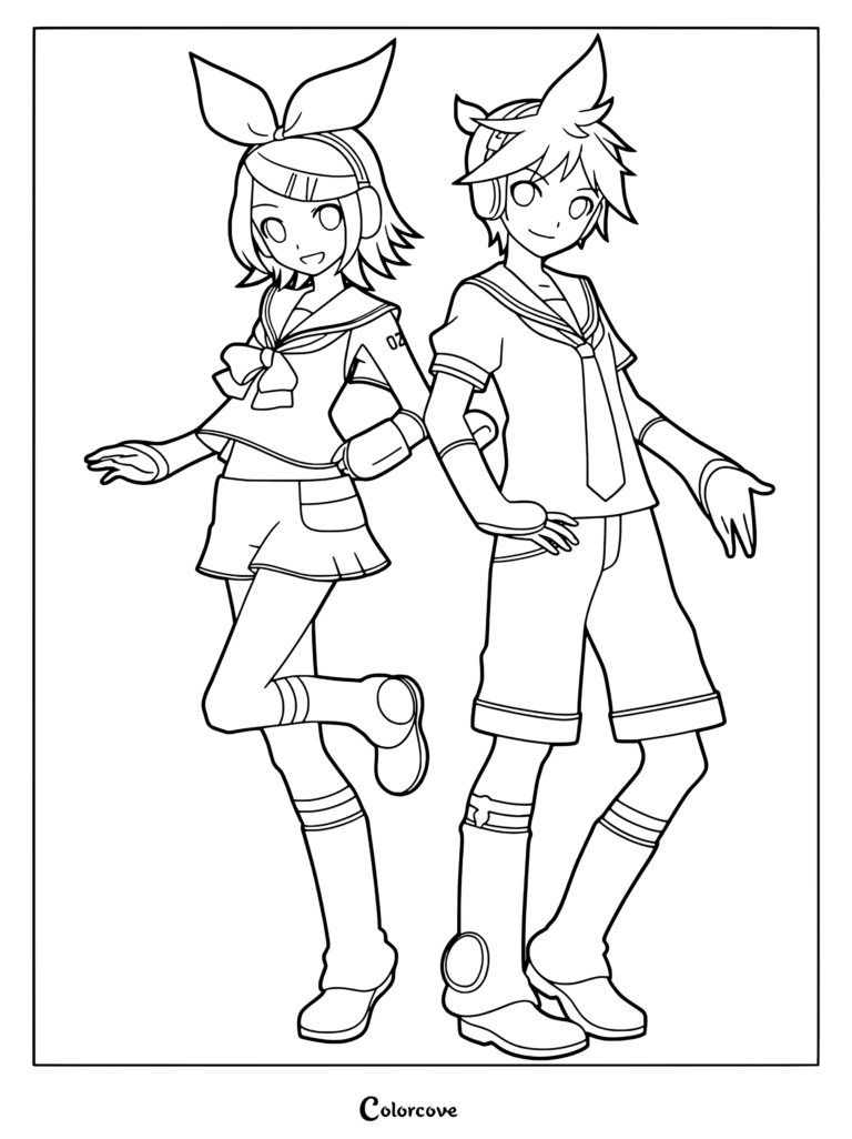Kagamine Rin and Len standing back to back in school uniforms, a Vocaloid character coloring page with clean line art.