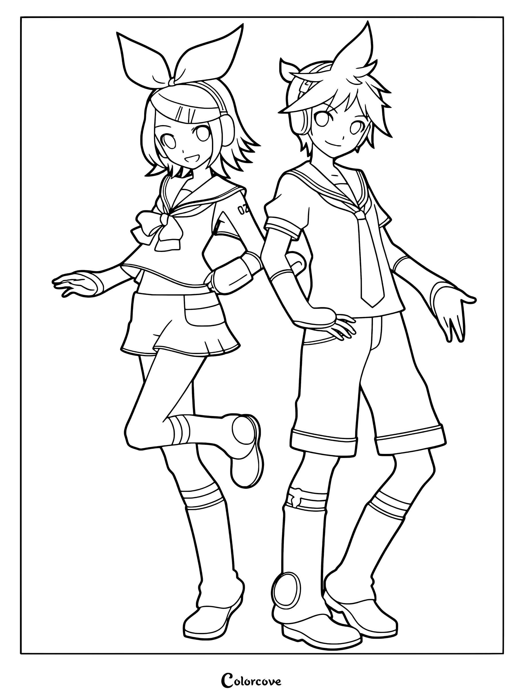 Kagamine Rin and Len standing back to back in school uniforms, a Vocaloid character coloring page with clean line art.