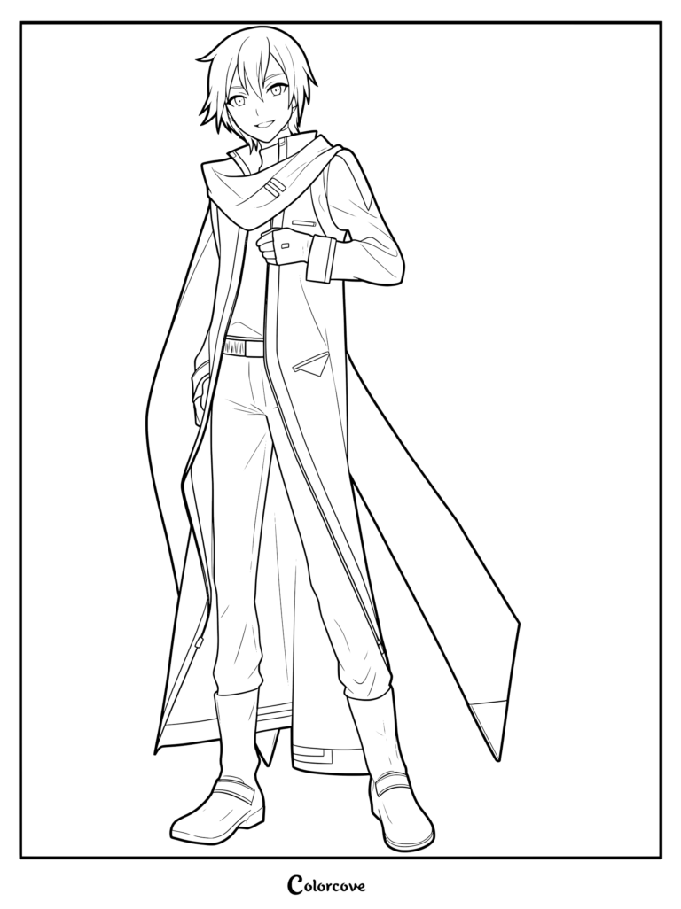 KAITO from Vocaloid wearing his signature long coat and scarf in a detailed line art coloring page.