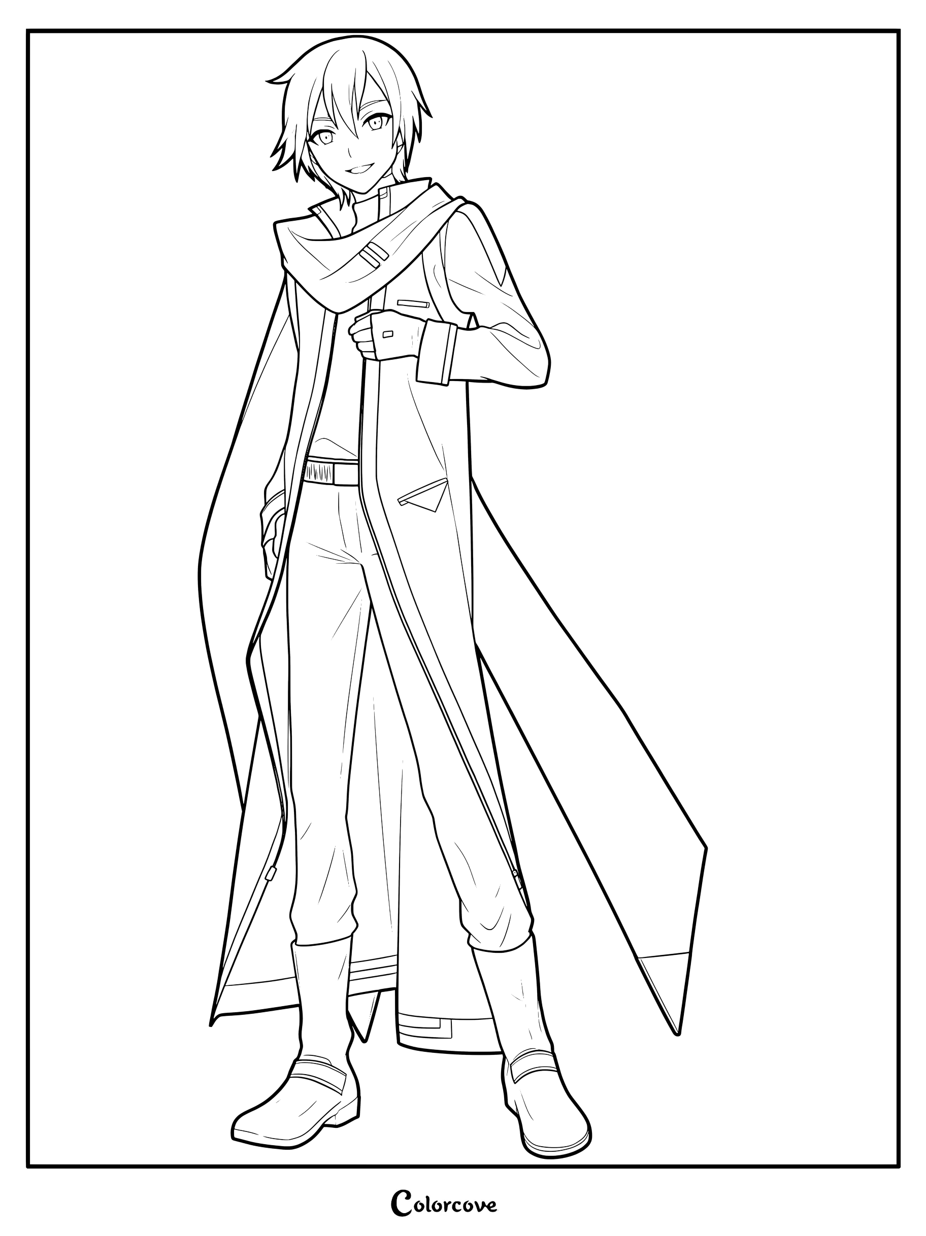 KAITO from Vocaloid wearing his signature long coat and scarf in a detailed line art coloring page.