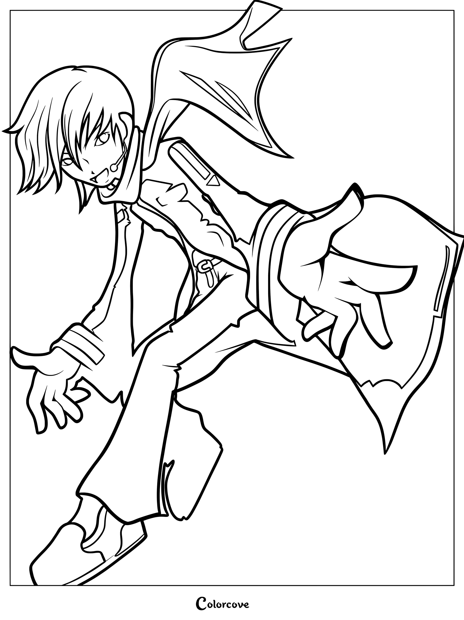 KAITO from Vocaloid in a dynamic pose with his signature long coat and scarf, line art coloring page.