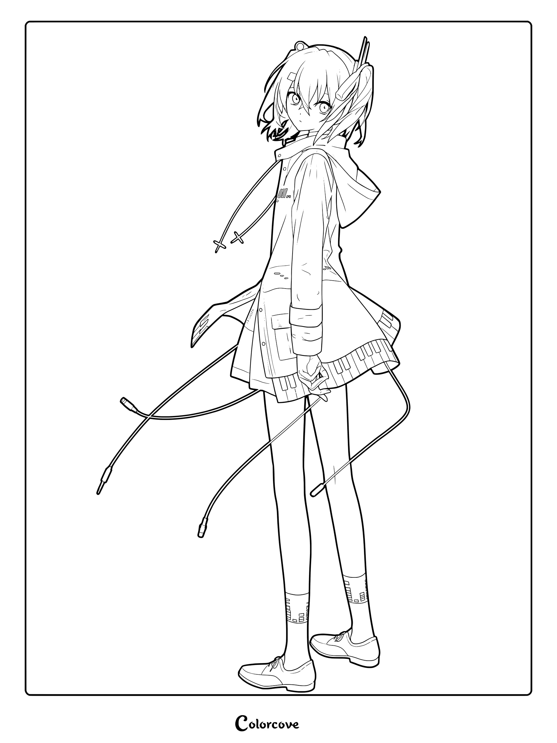 Adachi Rei from Vocaloid in a hooded jacket with piano key trim and trailing audio cables, line art coloring page.