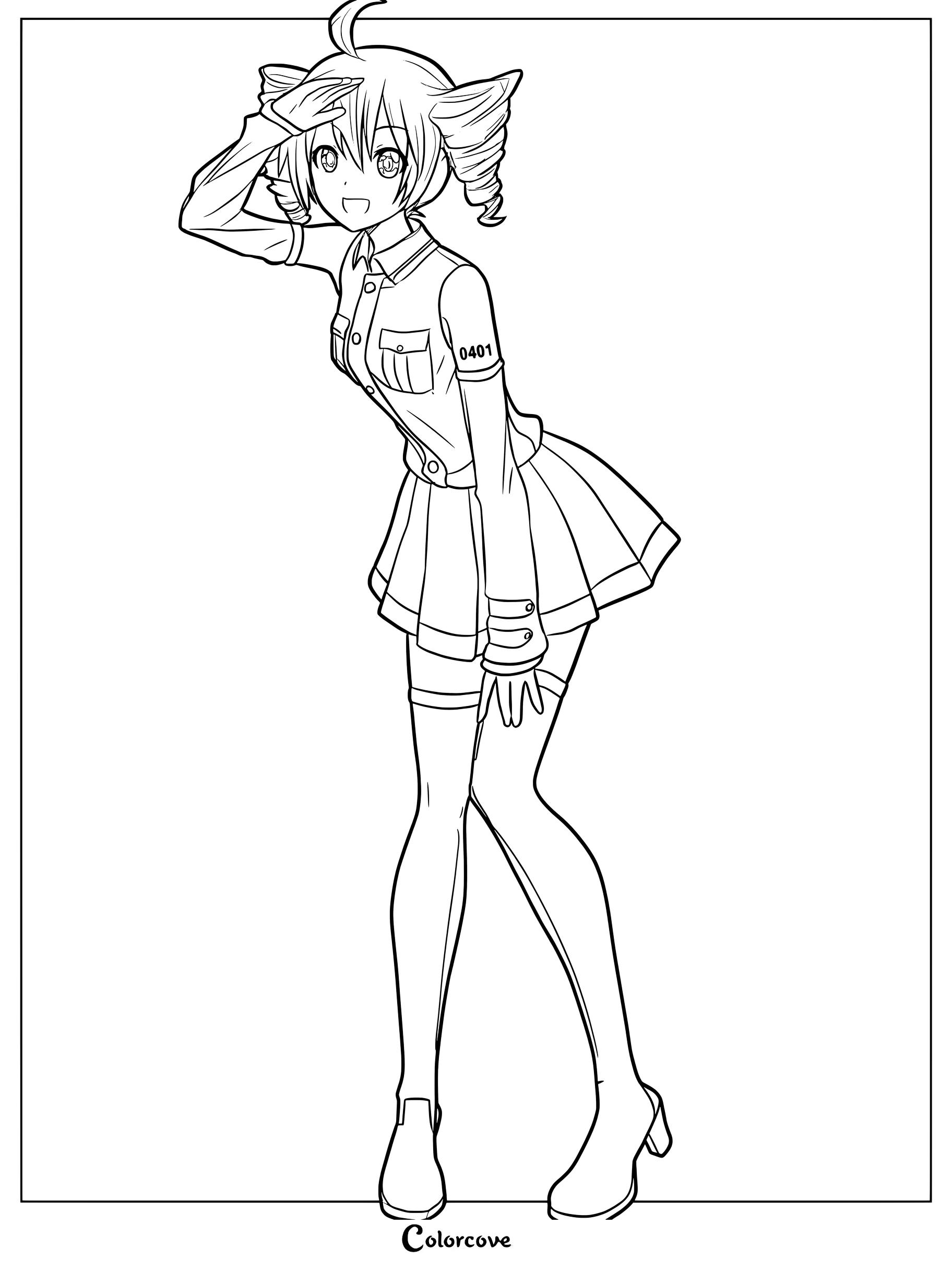 Kasane Teto from Vocaloid in a military-style uniform with drill-shaped pigtails, saluting in this printable coloring page.