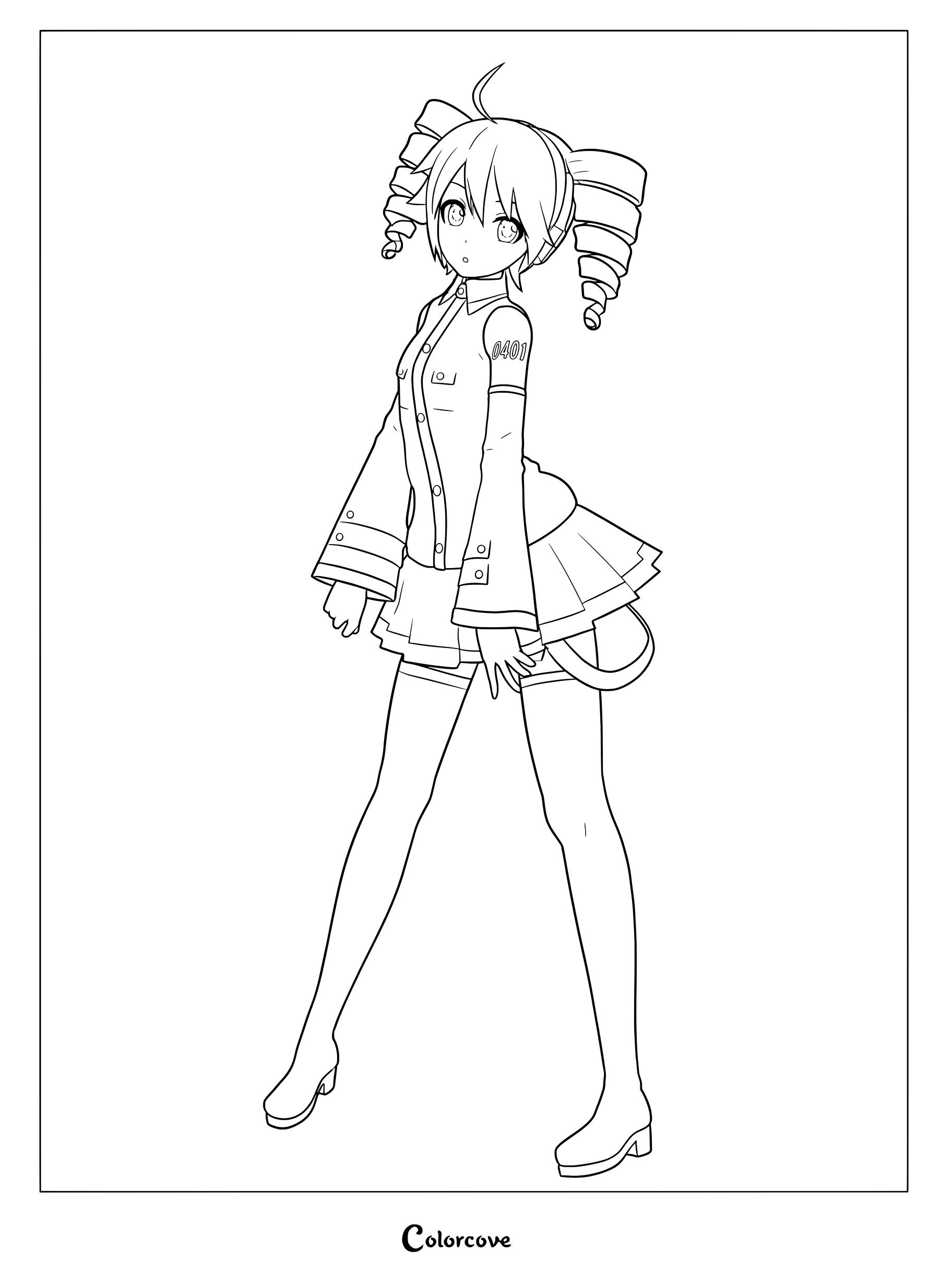 Kasane Teto with signature drill pigtails and 0401 uniform in a detailed line art coloring page.