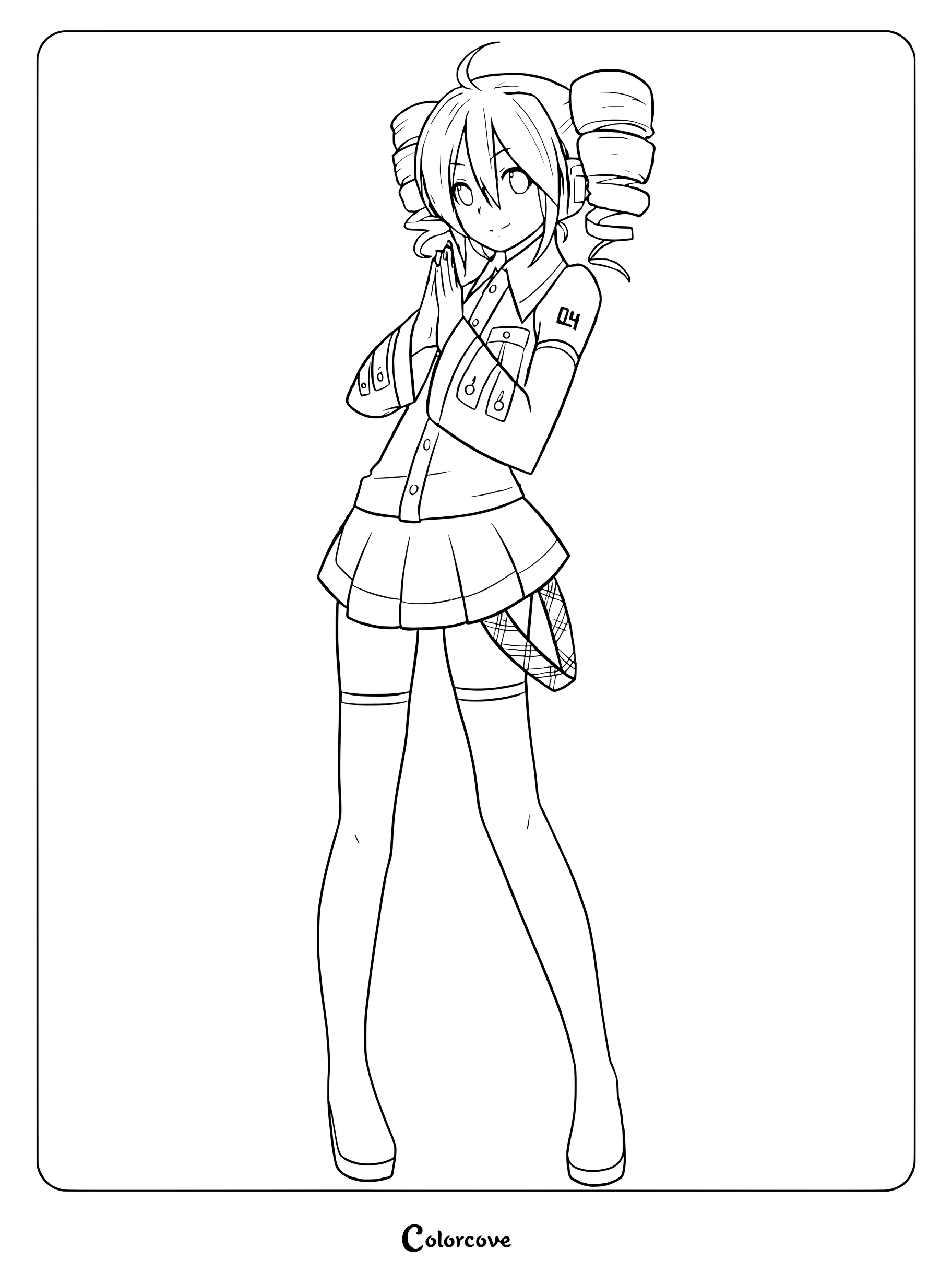 Kasane Teto from Vocaloid with signature drill pigtails and uniform in a printable line art coloring page.