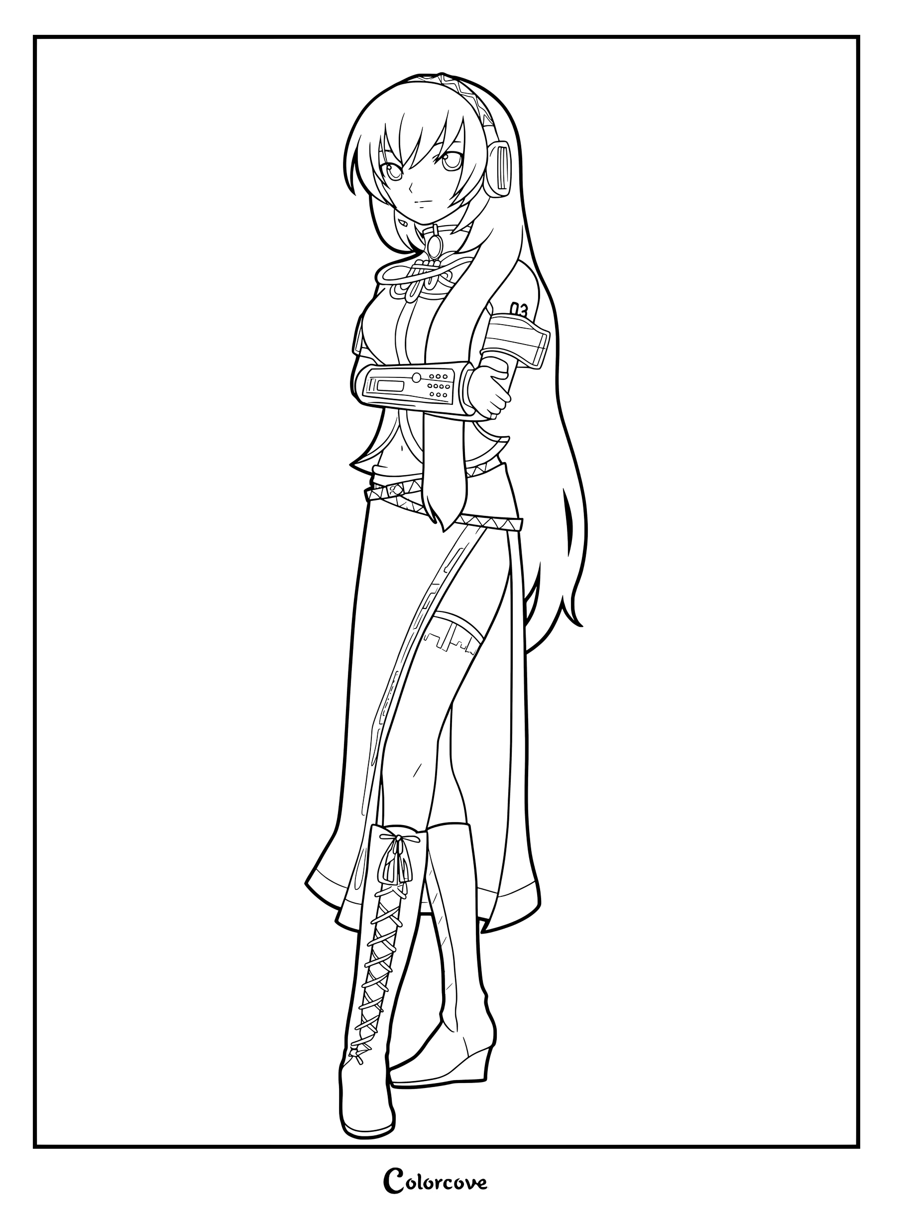 Megurine Luka standing with arms crossed wearing her signature headset and long skirt in this detailed Vocaloid coloring page.