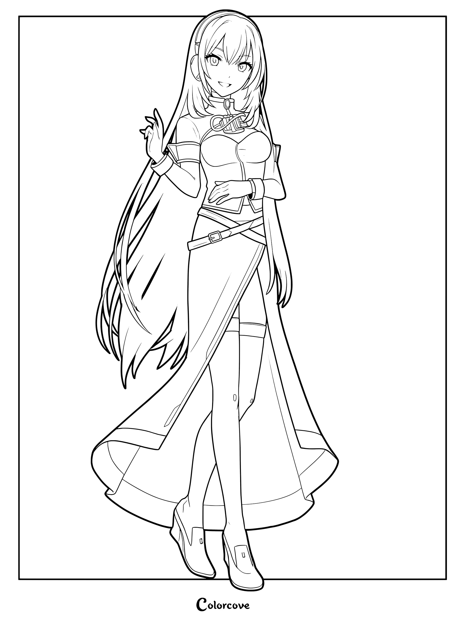 Megurine Luka standing in a graceful pose, featuring her long flowing hair and signature outfit in a detailed line art coloring page.