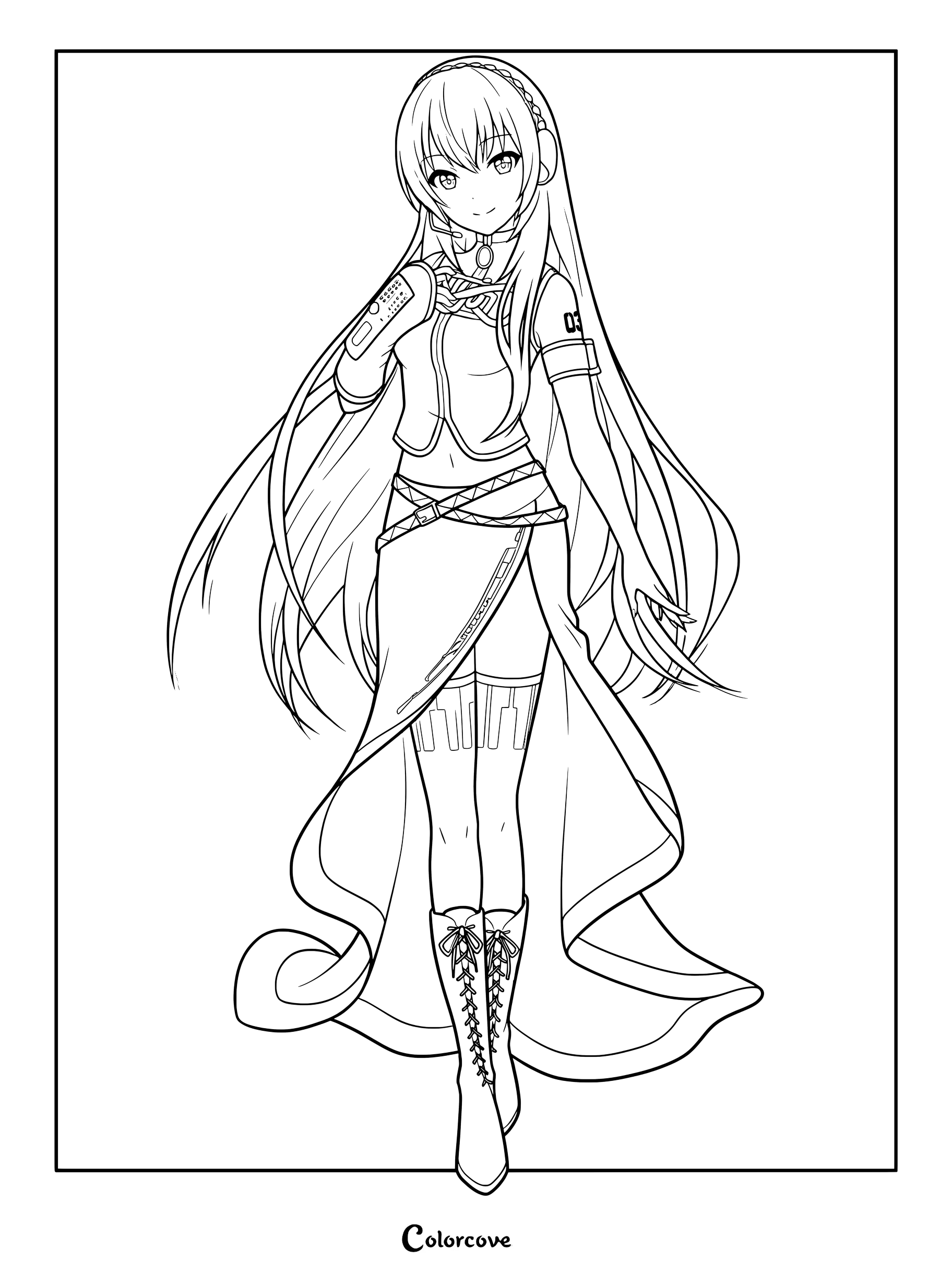 Megurine Luka standing with long hair and headset in a detailed line art coloring page.