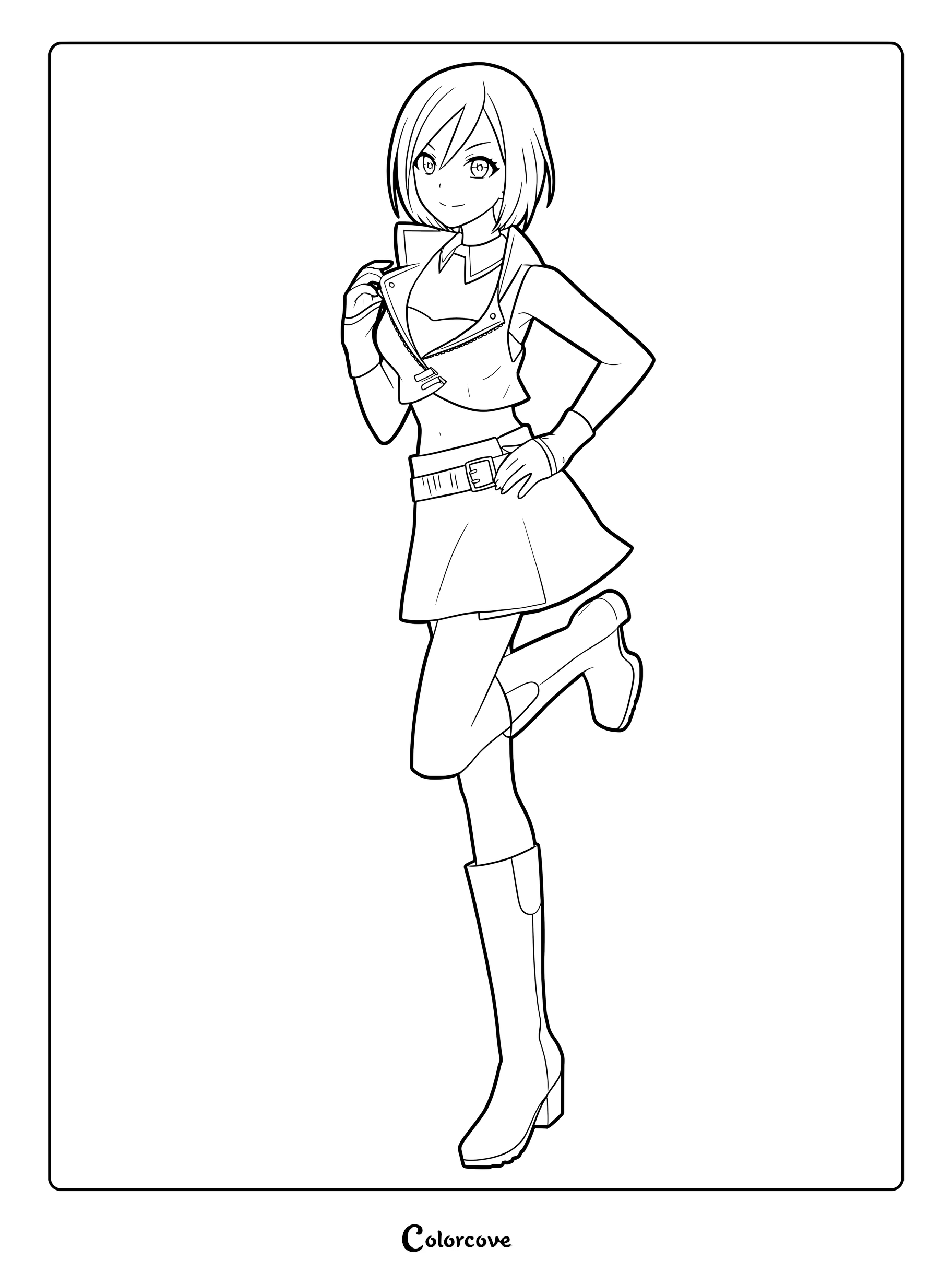 MEIKO from Vocaloid standing in a pose wearing her signature cropped jacket and skirt in a printable coloring page format.