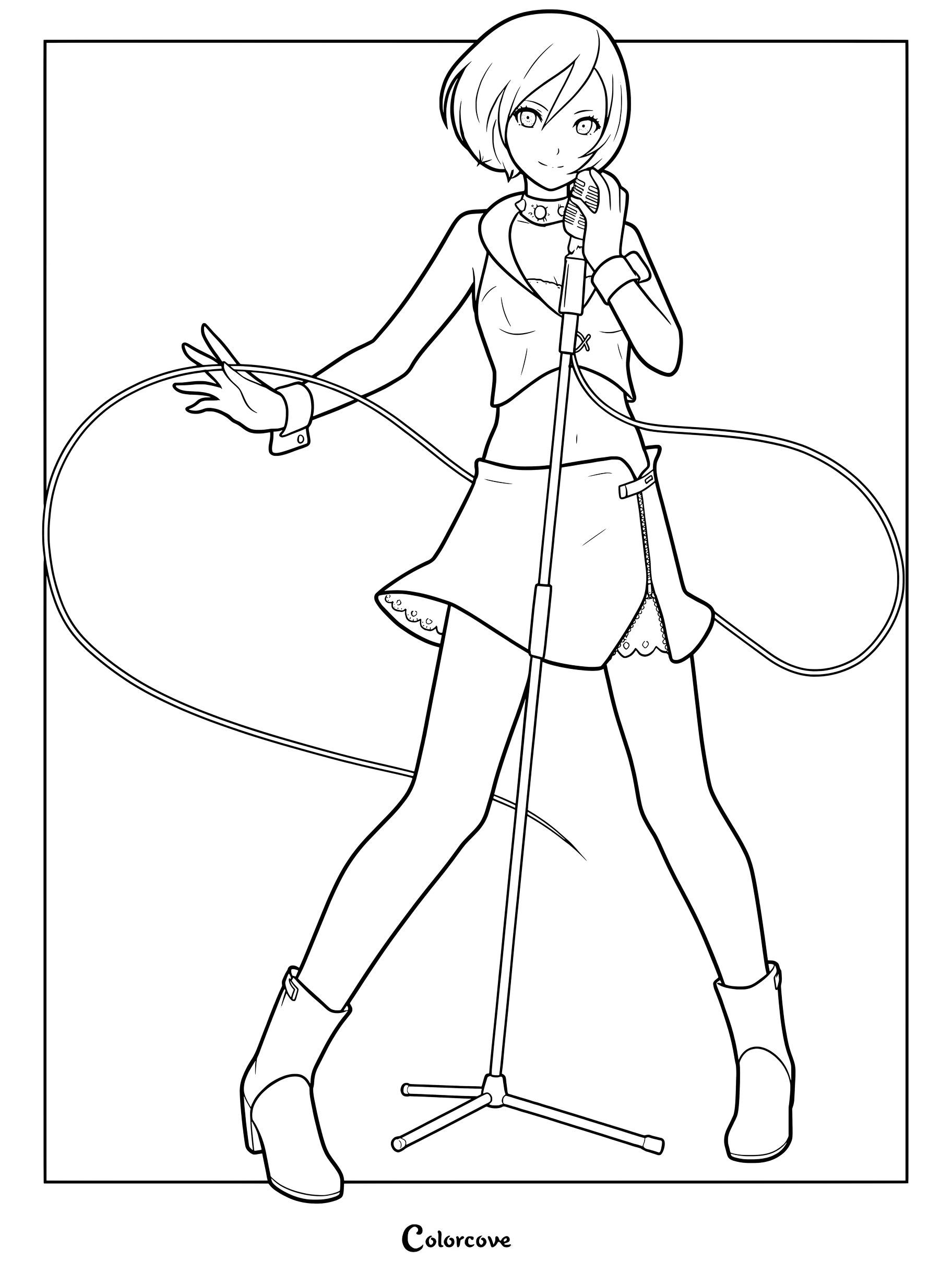 MEIKO from Vocaloid singing into a microphone on a stand, line art coloring page.