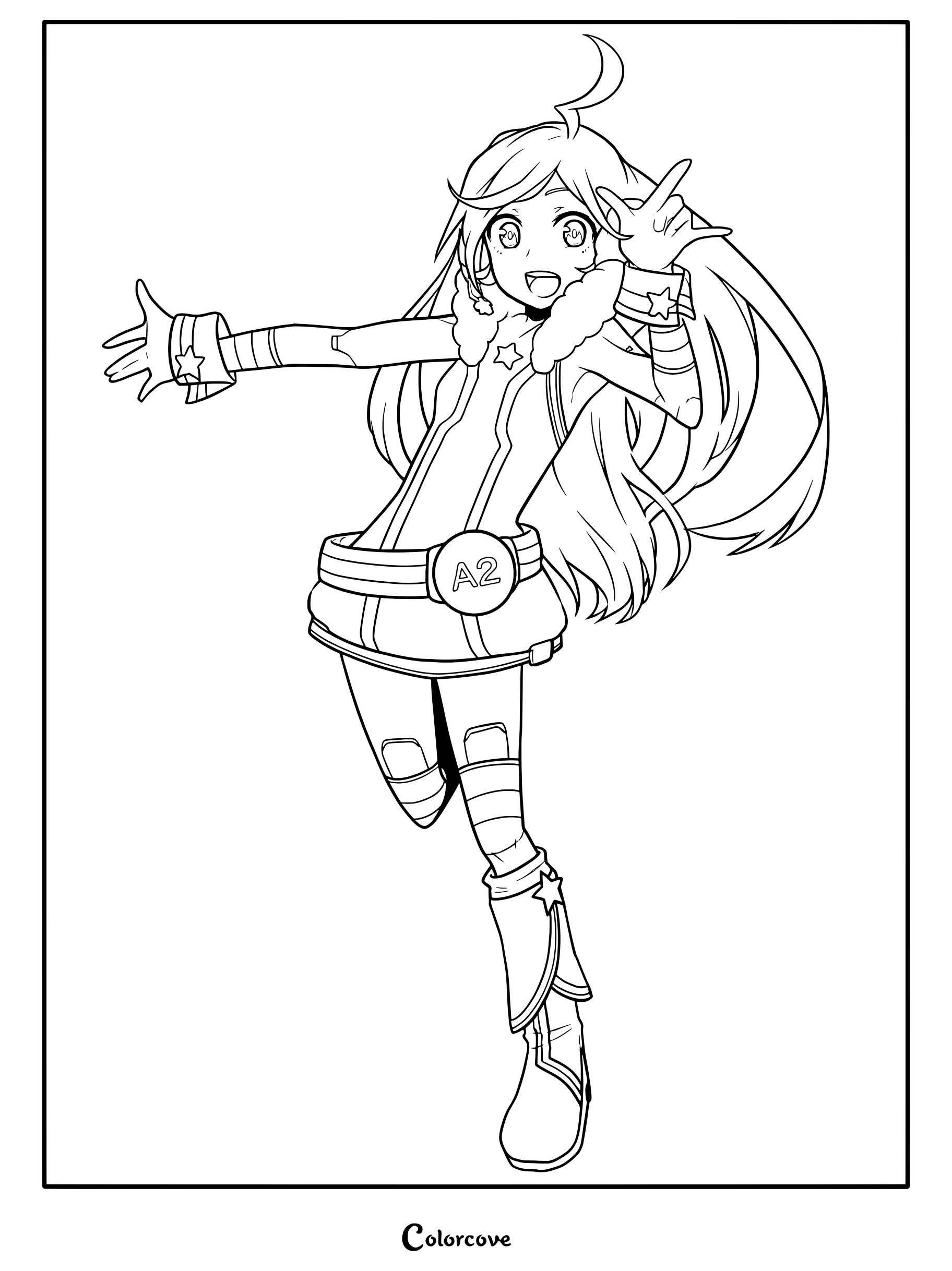 SF-A2 Miki from Vocaloid in a dynamic pose with star accessories on a printable coloring page