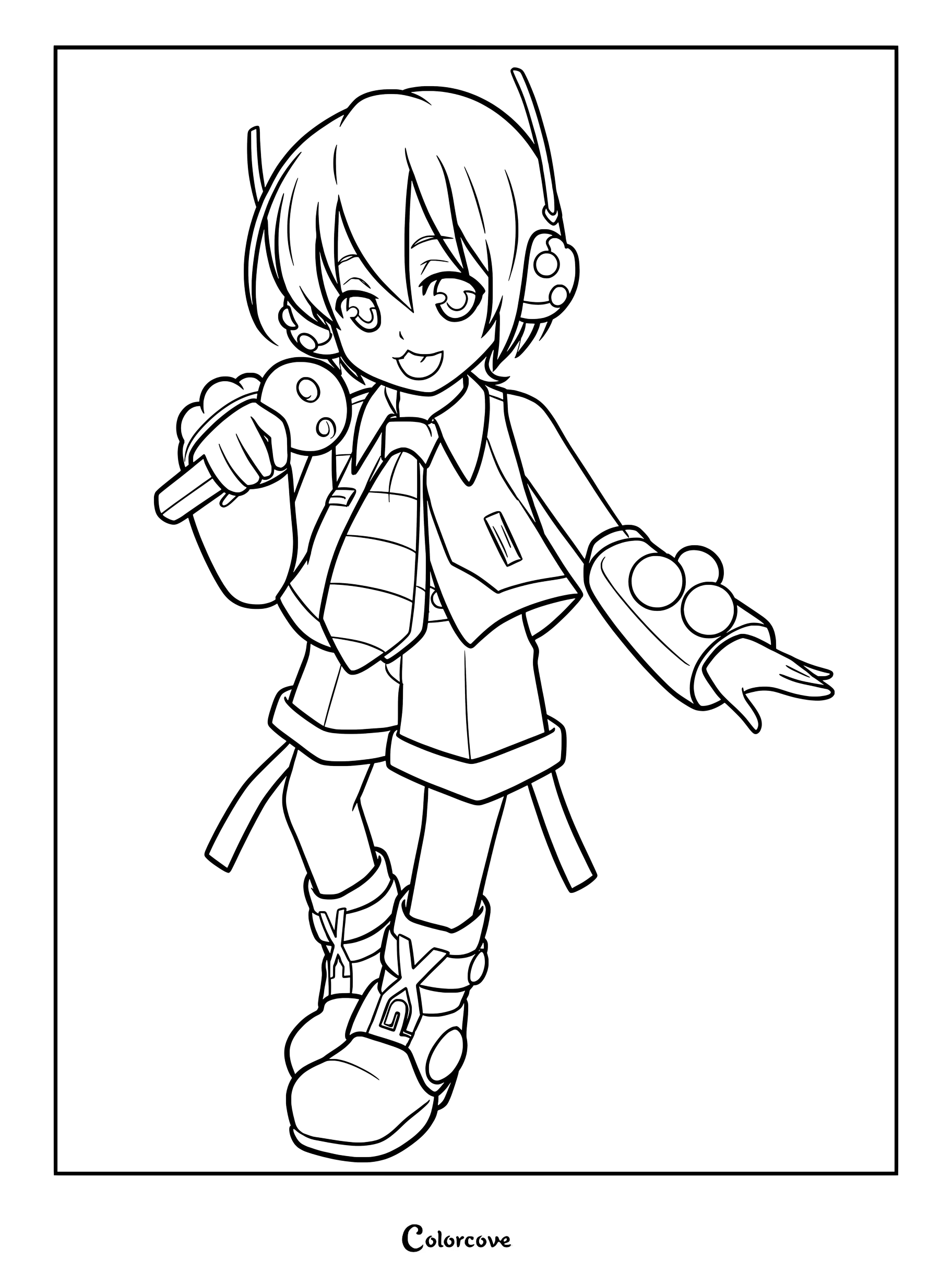 Ryuto from Vocaloid holding a microphone in this detailed line art coloring page featuring his signature headset and futuristic outfit.