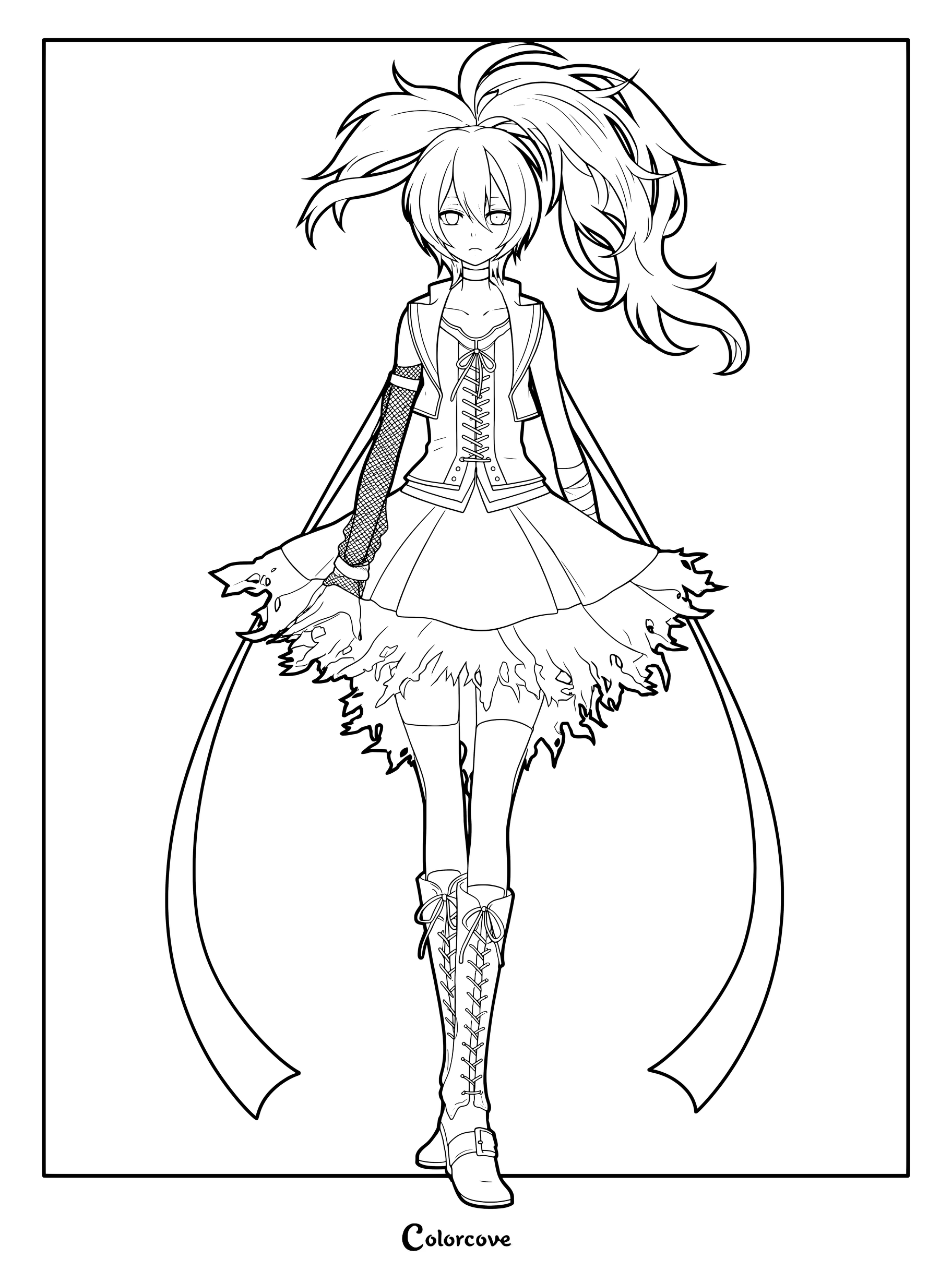 Vocaloid character Flower in a detailed outfit with a high ponytail, lace-up boots, and a jagged skirt, presented as a printable line art coloring page.