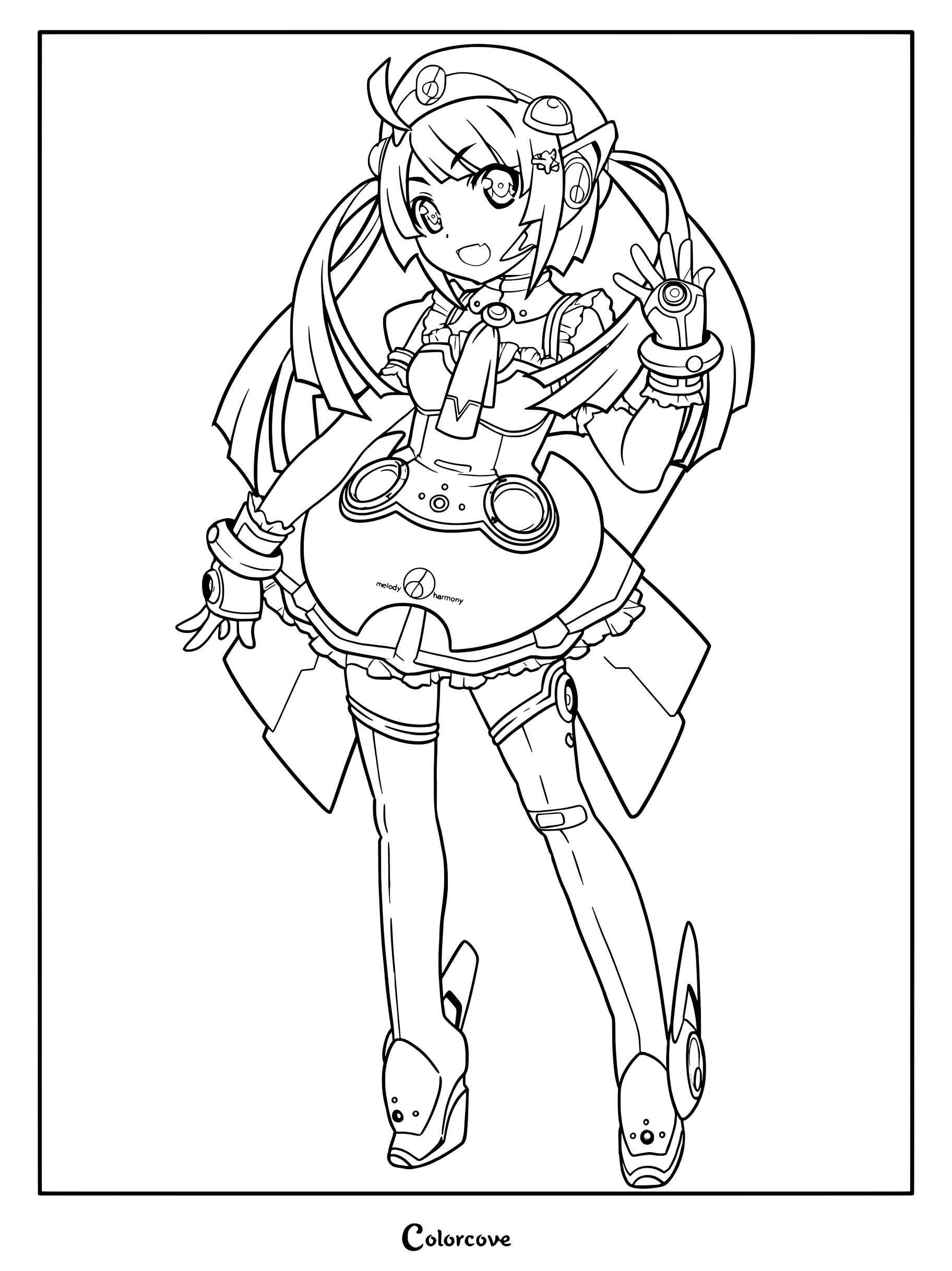 Tone Rion from Vocaloid in a futuristic outfit waving her hand, detailed line art coloring page.