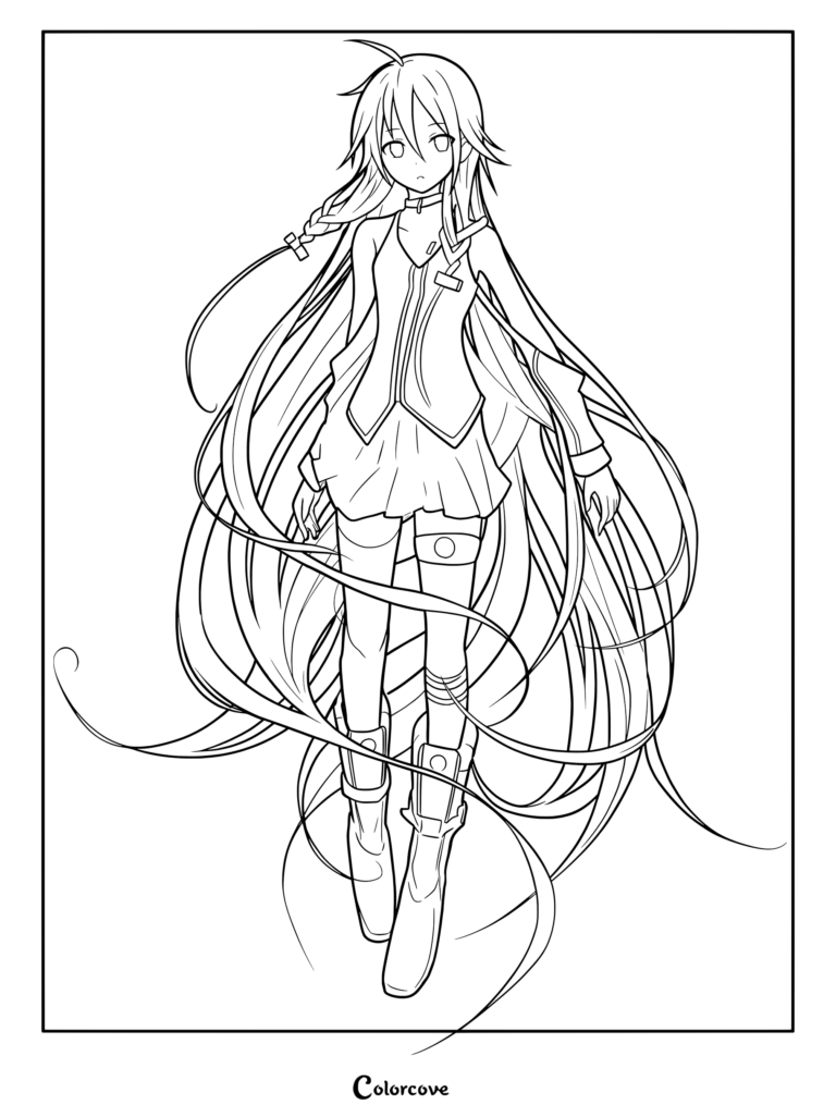 Aria on the Planetes coloring page showing a girl with long flowing hair floating.