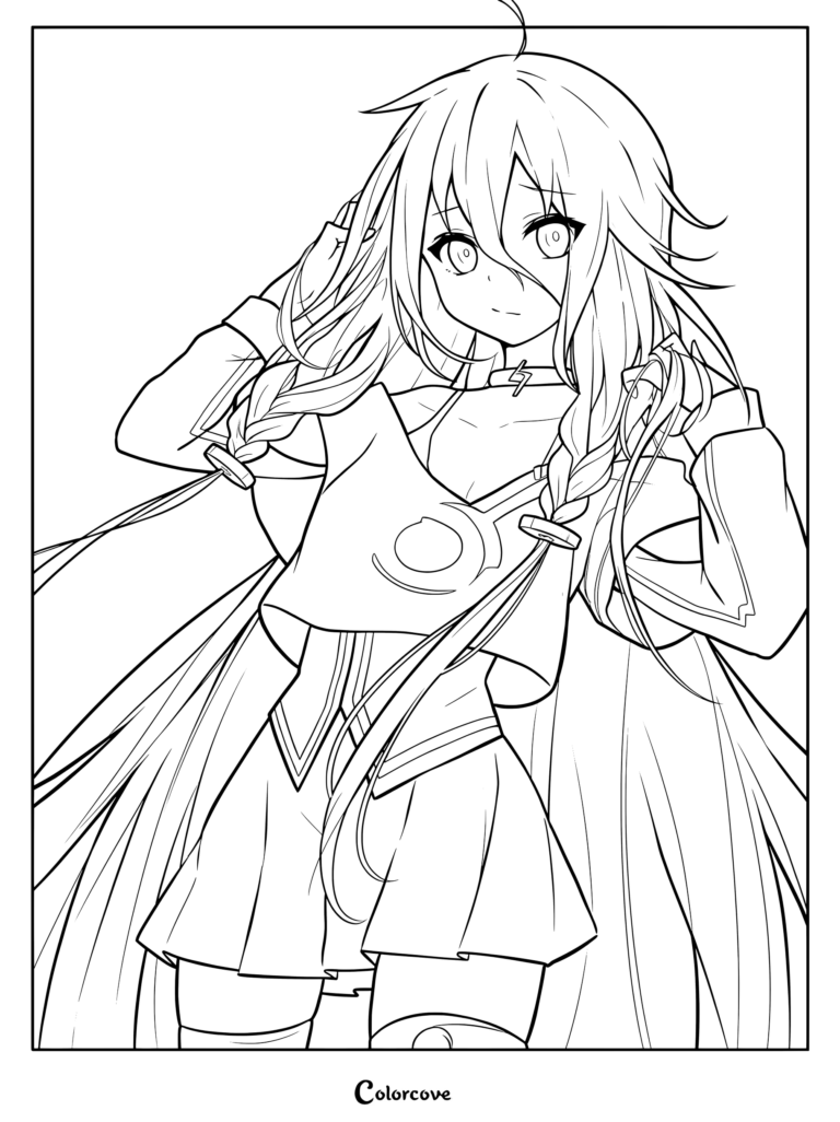 Printable line art of Aria on the Planetes holding her braided hair, perfect for a coloring page