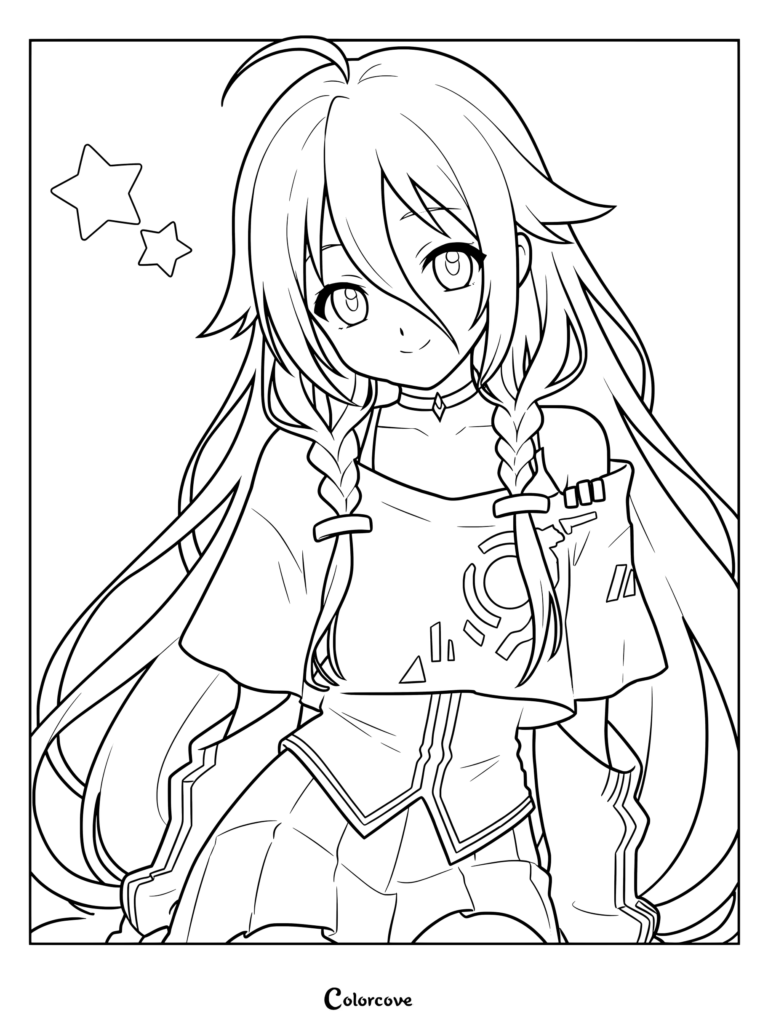 Aria on the Planetes coloring page showing a long-haired anime character with braids and star accents.