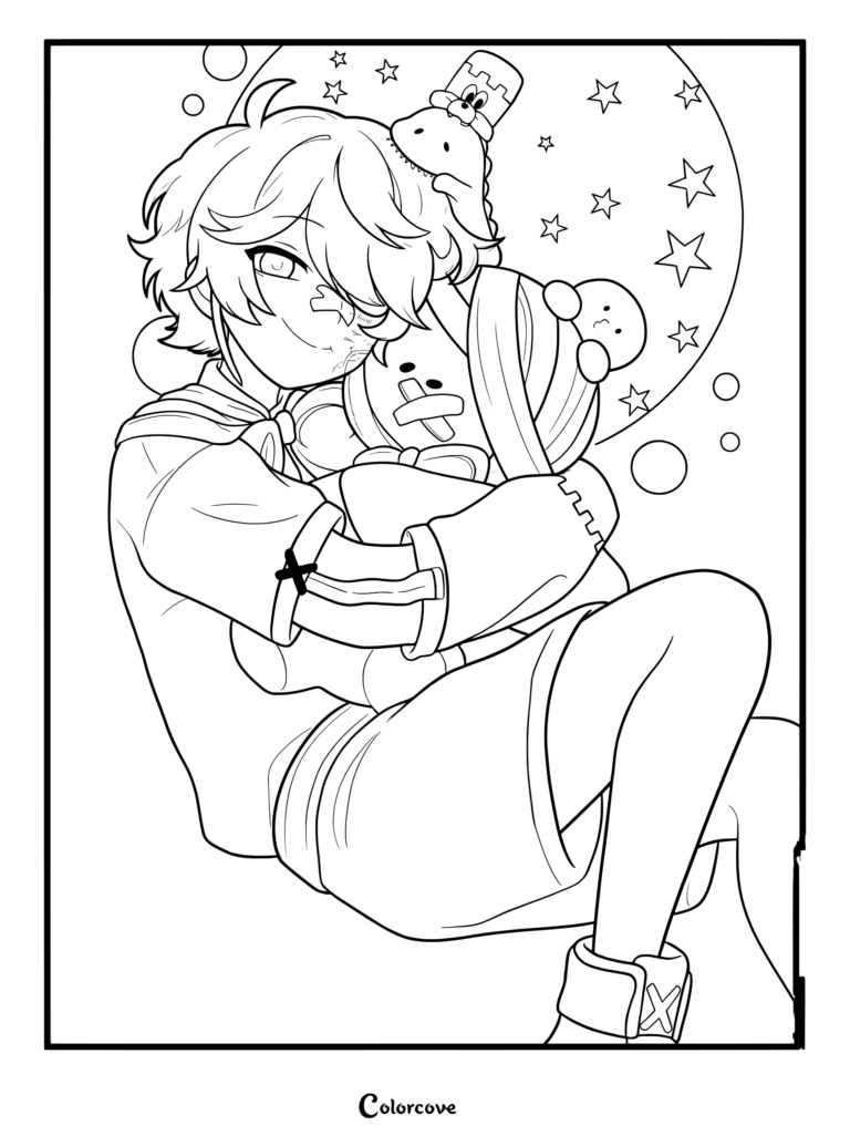 Fukase coloring page featuring the Vocaloid character hugging a plush toy surrounded by stars