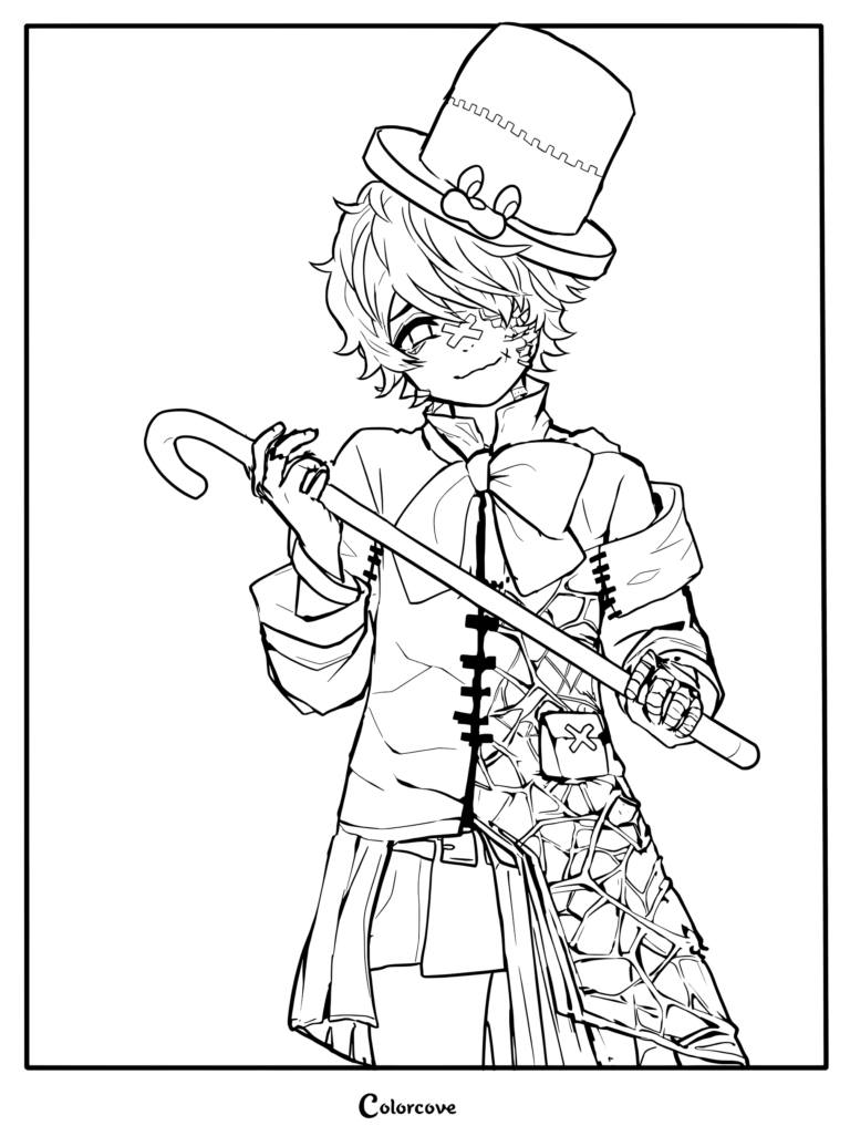 Fukase wearing a top hat and holding a cane in this printable coloring page